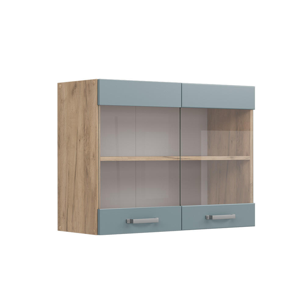 KÜCHENGLASSCHRANK R-Line Blau-Grau 80 cm - Honigeiche/Eiche Wotan, Holzwerkstoff (80/60/31cm) - Vicco
