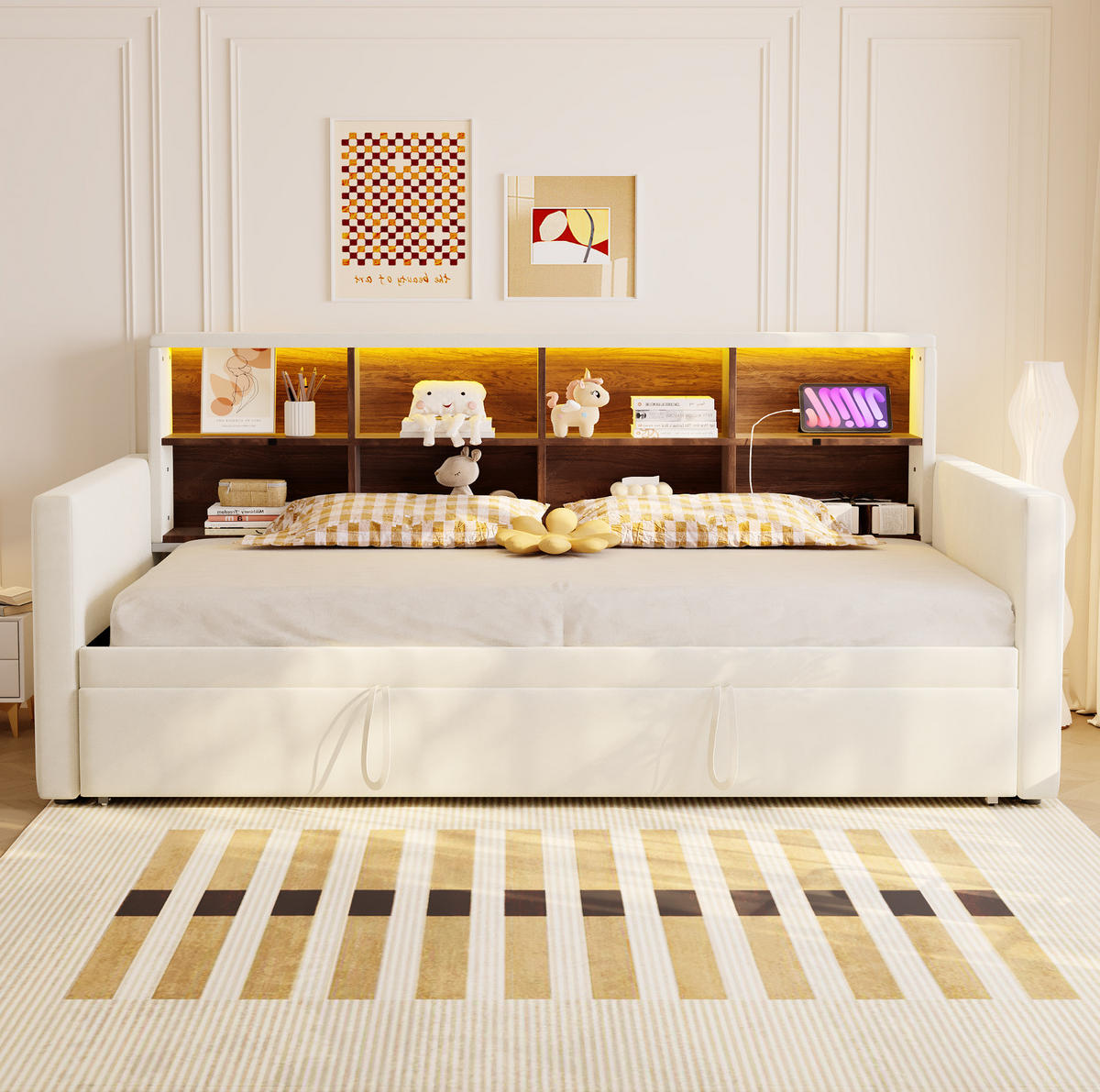 POLSTERBETT 90/190 cm aus Samt mit ausziehbarem Gästebett und LED-Kopfteil Beige - Beige, Textil (90/190cm) - Modenvie