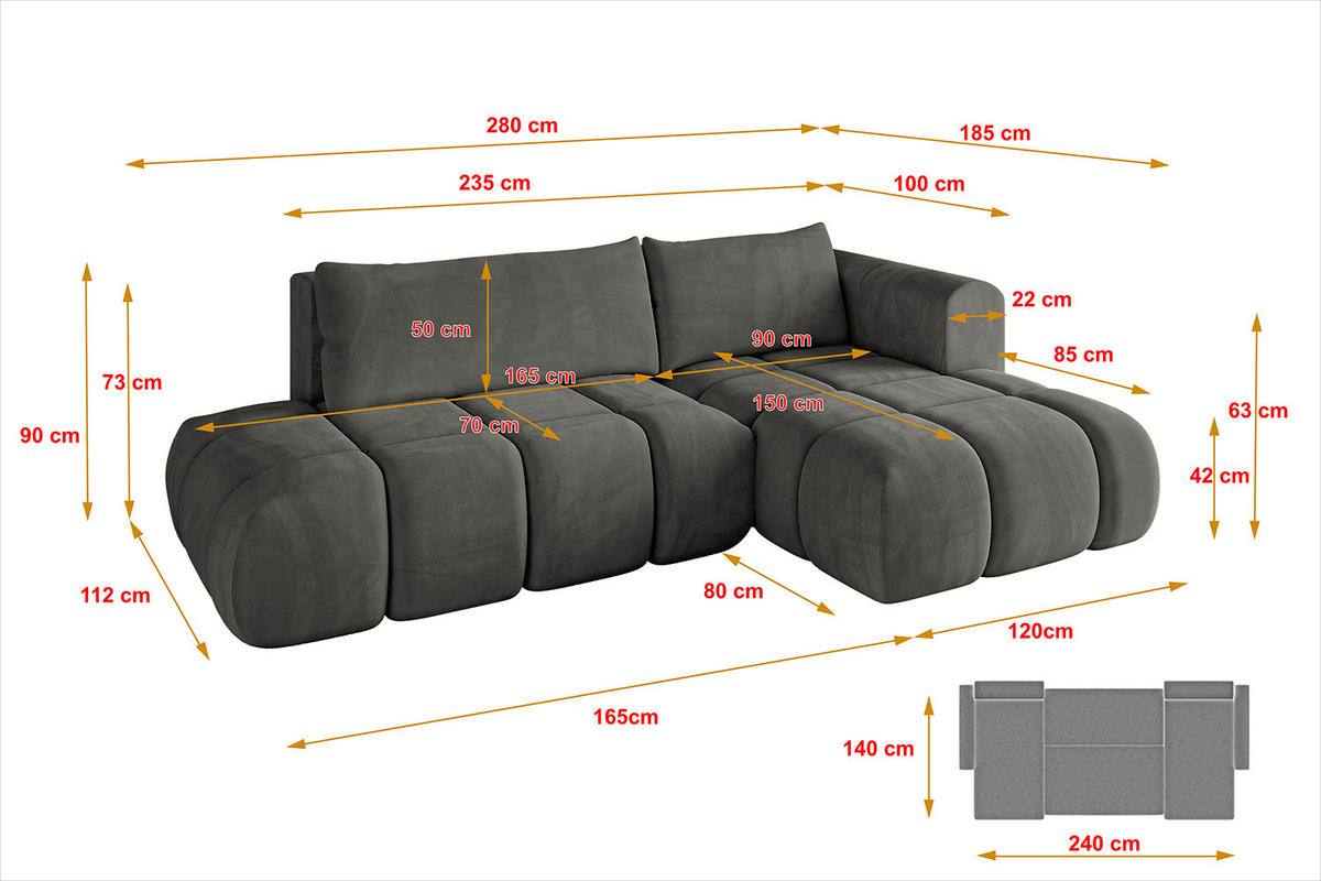 ECKSOFA Ottomane Rechts CLOUD-L 280x185x90 Dunkelgrau Velours - Dunkelgrau, Holzwerkstoff/Kunststoff (185/280cm) - ALTDECOR