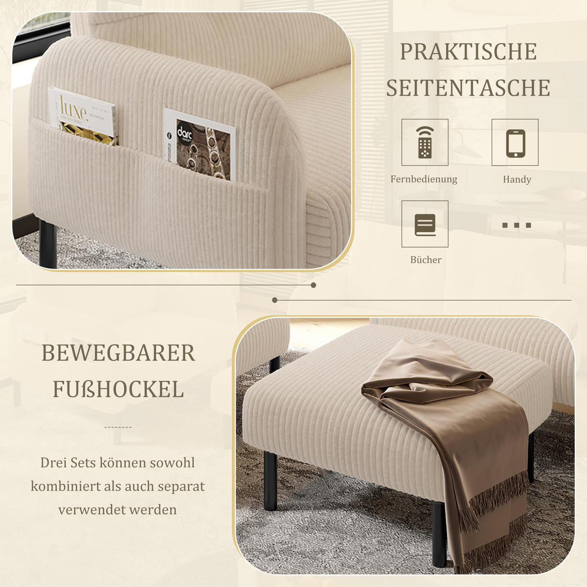 SITZGARNITUR 3-teiliges mit Hocker und Seitentasche - Beige, Textil (120/79/75cm) - Urban Meuble