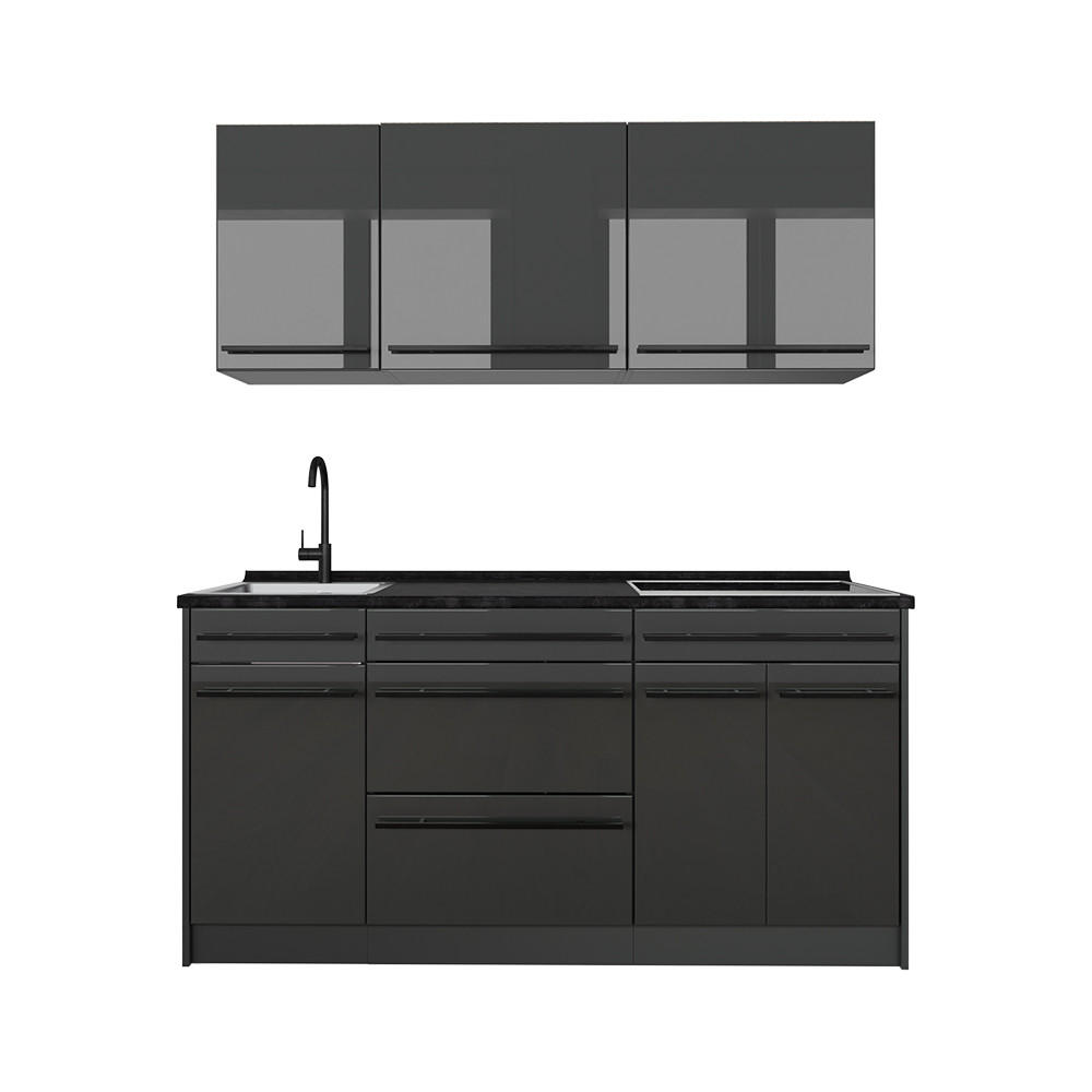 SINGLEKÜCHE R-Line, Anthrazit Hochglanz/Anthrazit, 160 cm Arbeitsplatte Anthrazit - Schwarz Hochglanz/Anthrazit, Holzwerkstoff (160/81.6/60cm) - Vicco