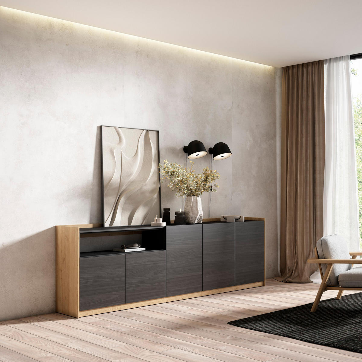 SIDEBOARD, Highboard, Schwarz Eiche, 260/37/80cm - Schwarz, Holzwerkstoff (260/80/37cm) - Skraut Home
