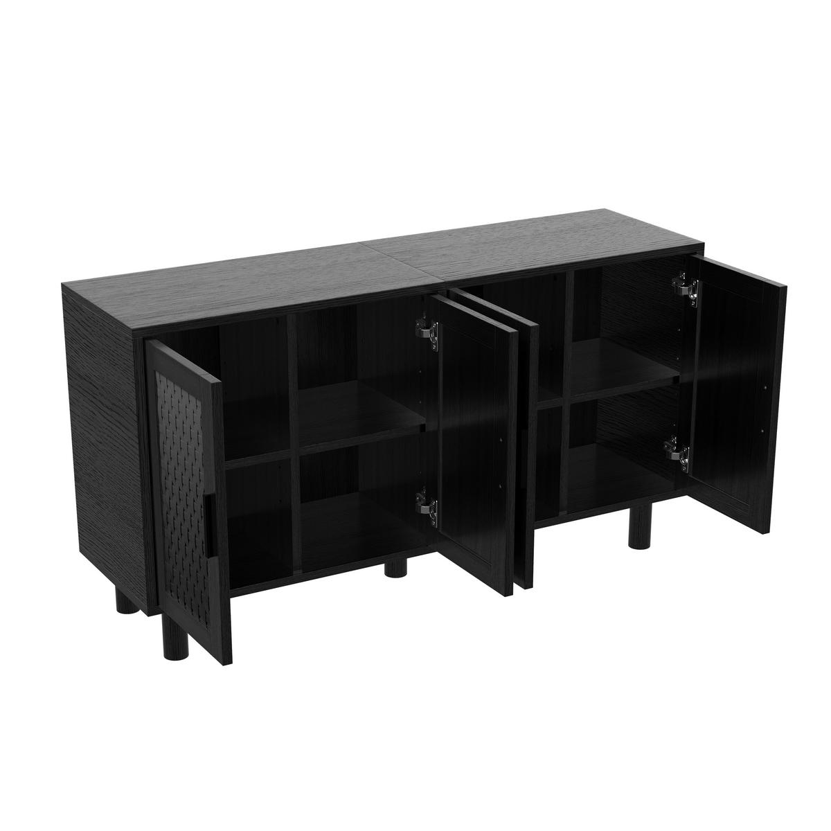SIDEBOARD Japandi mit 4 Türen in Rattan-Optik 140/40/80 cm Schwarz - Schwarz, Holzwerkstoff (140/80/40cm) - Creahappy