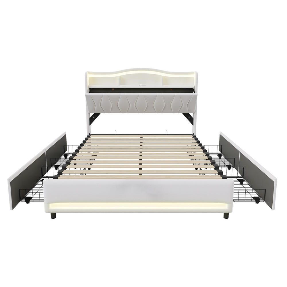 POLSTERBETT 160x200cm - Doppelbett mit 4 Schubladen - RGB-LED-Beleuchtung - Stauraum-Kopfteil - ohne Matratze - Beige - Beige, Textil (160/200cm) - DELFA