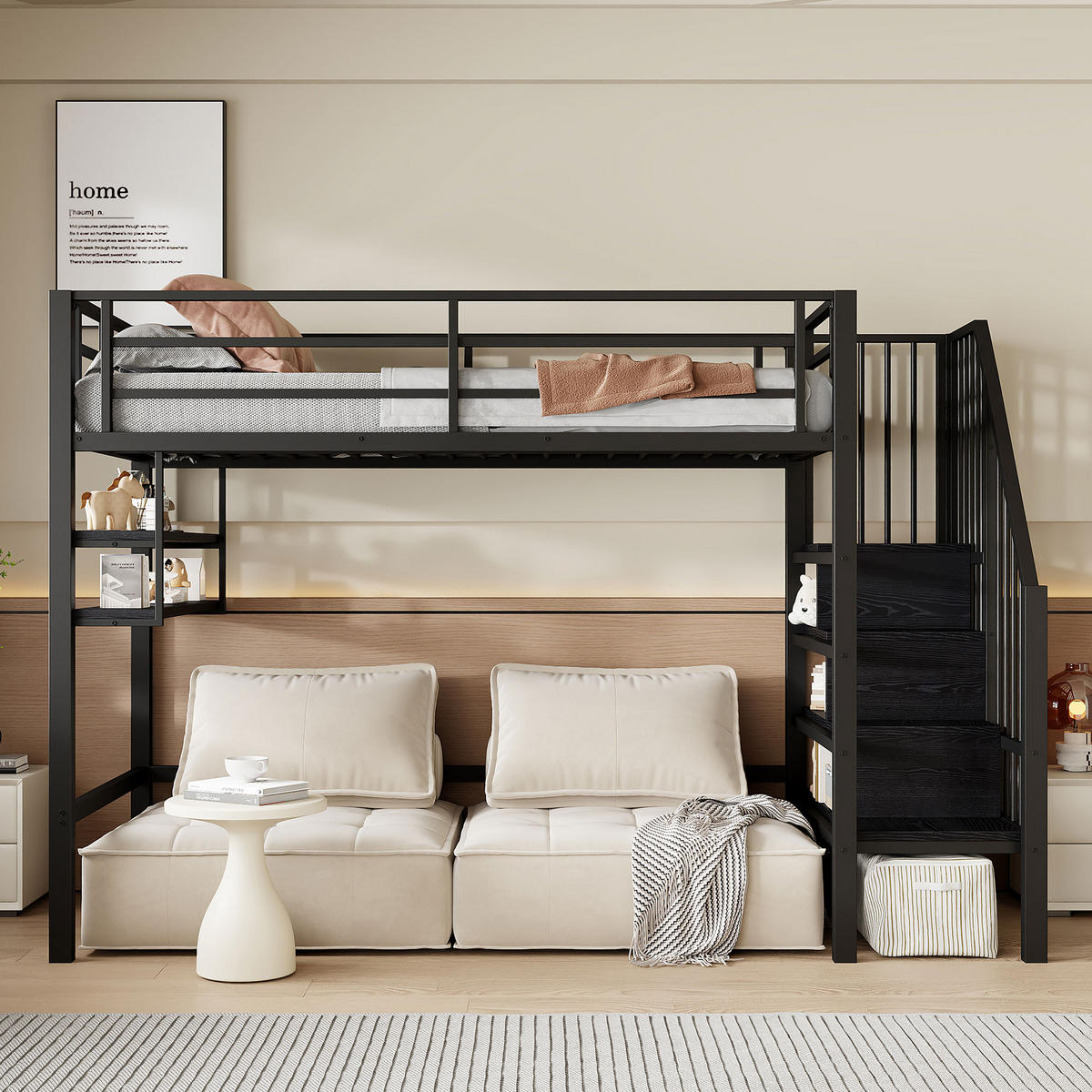 HOCHBETT 90x200cm Schwarz Einlegeböden Stauraumleiter Geländer - Schwarz, Metall (90/200cm) - FLIEKS