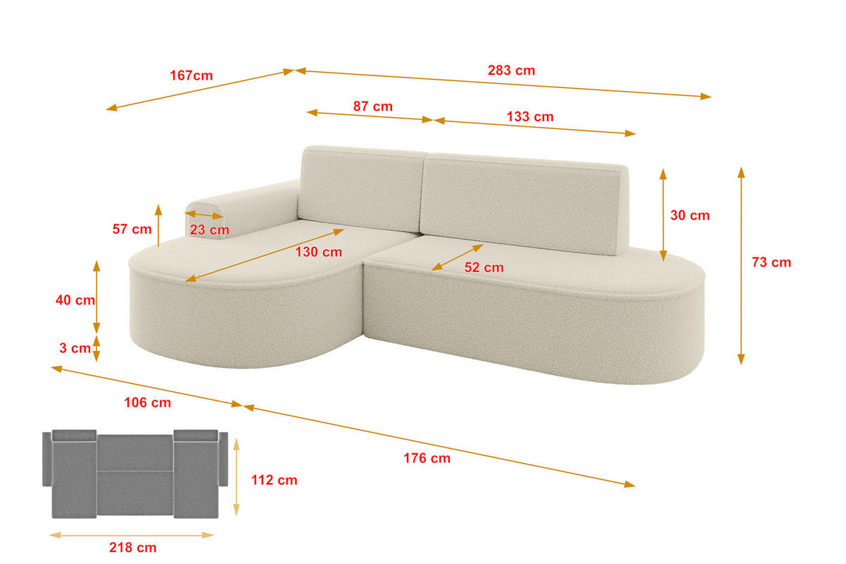 ECKSOFA mit Schlaffunktion und Bettkasten Ottomane Links MARI-L1-S - 283x167x73 cm Beige Bouclé - Beige/Schwarz, Holzwerkstoff/Kunststoff (283/167cm) - ALTDECOR