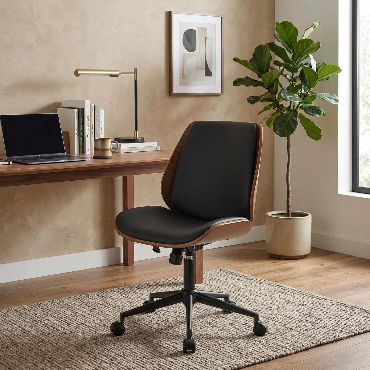 DREHSTUHL Lederlook Walnuss/Schwarz - Walnussfarben/Schwarz, Textil/Metall (49.5/90/57cm) - CLP