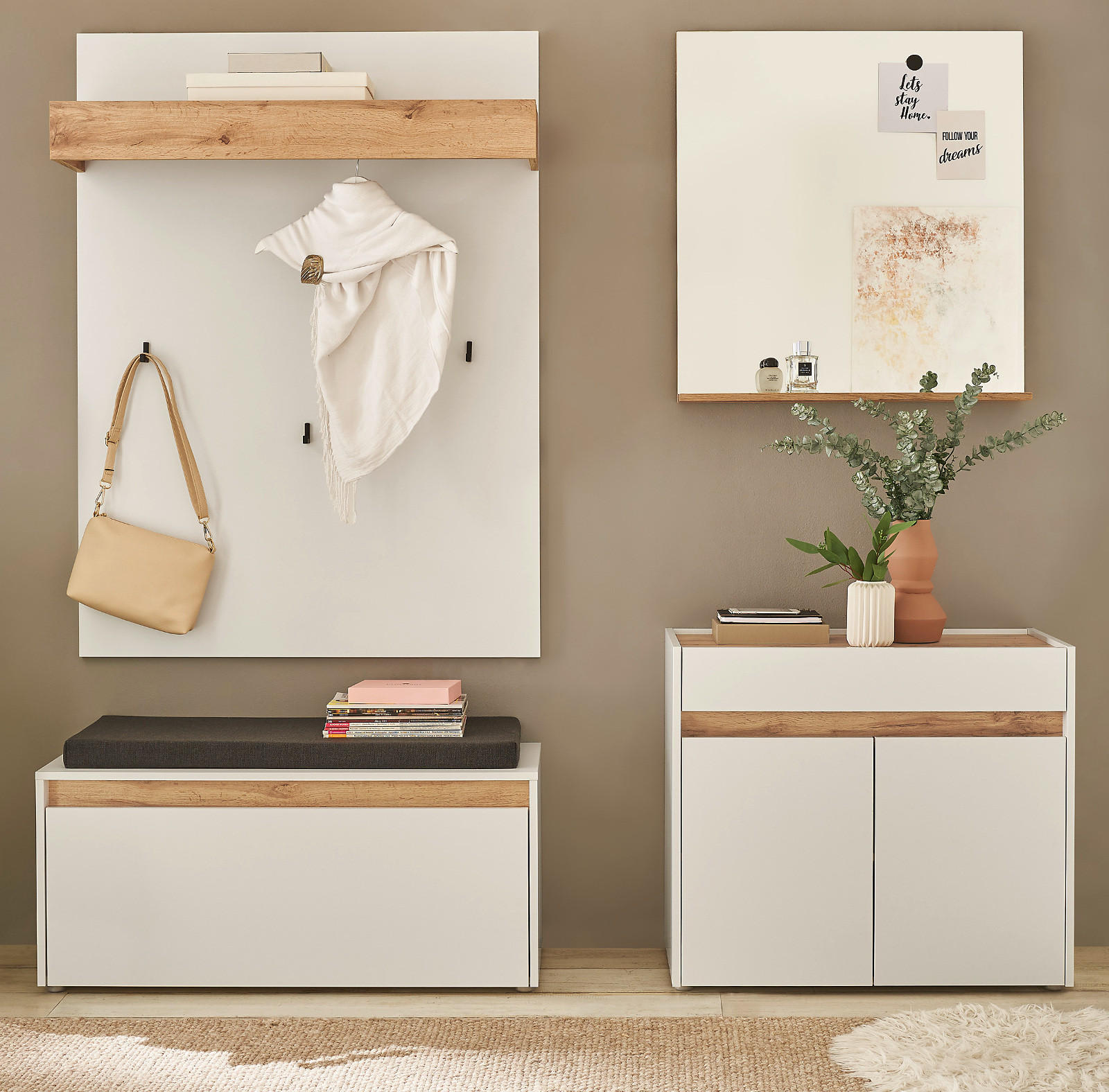 GARDEROBE 5-teilig Set weiß, Eiche Wotan 190 cm, viel Stauraum - Silberfarben/Eiche Wotan, Glas/Holzwerkstoff (190/200/40cm) - Furn.Design