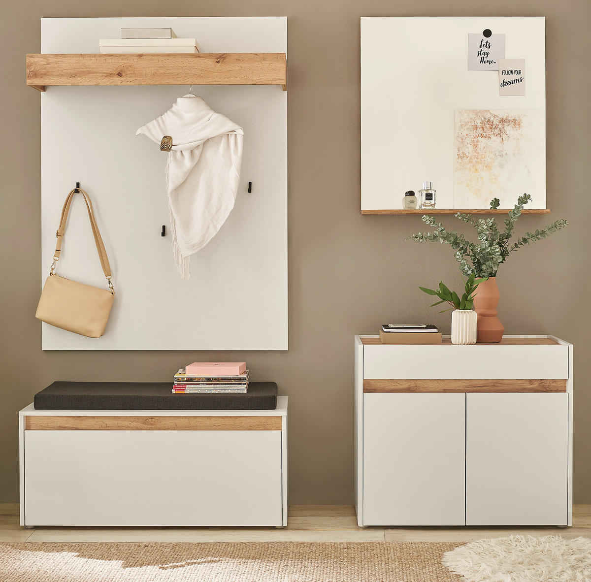GARDEROBE 5-teilig Set weiß, Eiche Wotan 190 cm, viel Stauraum - Silberfarben/Eiche Wotan, Glas/Holzwerkstoff (190/200/40cm) - Furn.Design