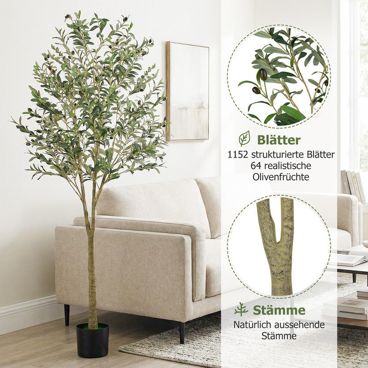 KUNSTOLIVENBAUM mit Zementtopf grün(2er-Set) - Grün, Kunststoff (180cm) - COSTWAY