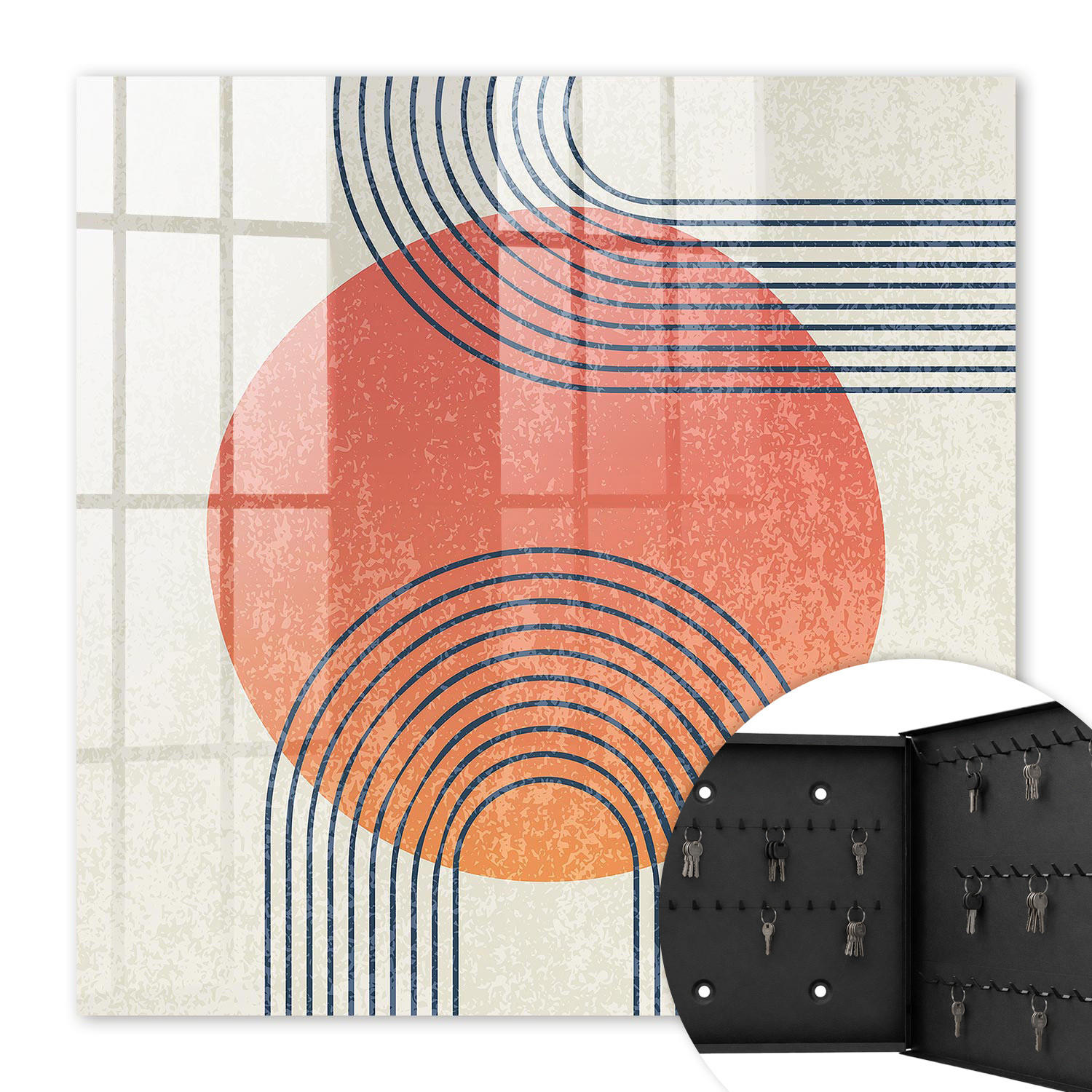 SCHLÜSSELBOX Schwarz 30x30 cm- Türöffnung nach rechts - Geometrische Linien - Orange, Metall (30/30/5cm) - TULUP
