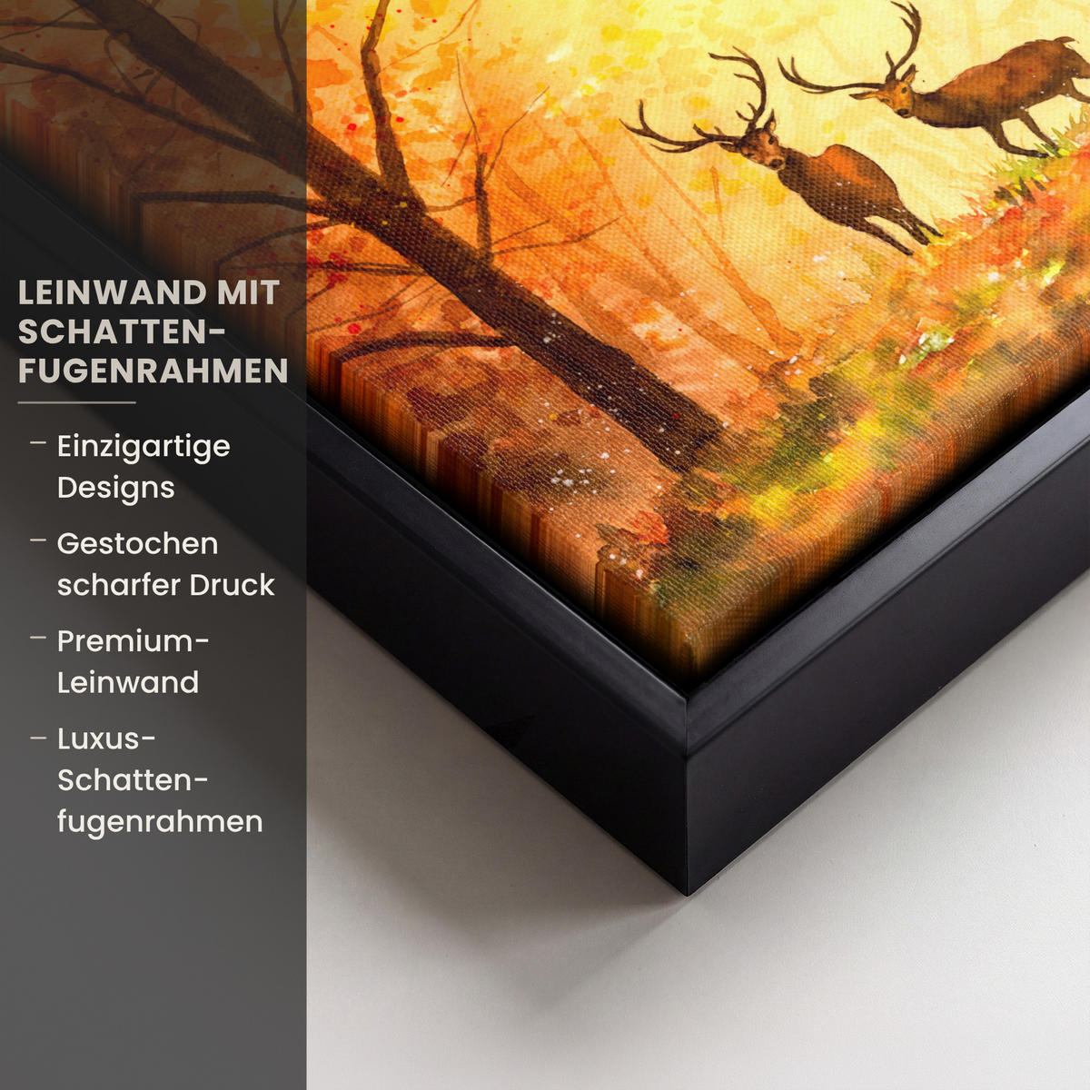LEINWAND Bilder mit Rahmen - Natur - Ölfarbe - Hirsche - Tiere - Herbst - Orange - 20x20 - Orange, Textil (20/20cm) - MuchoWow