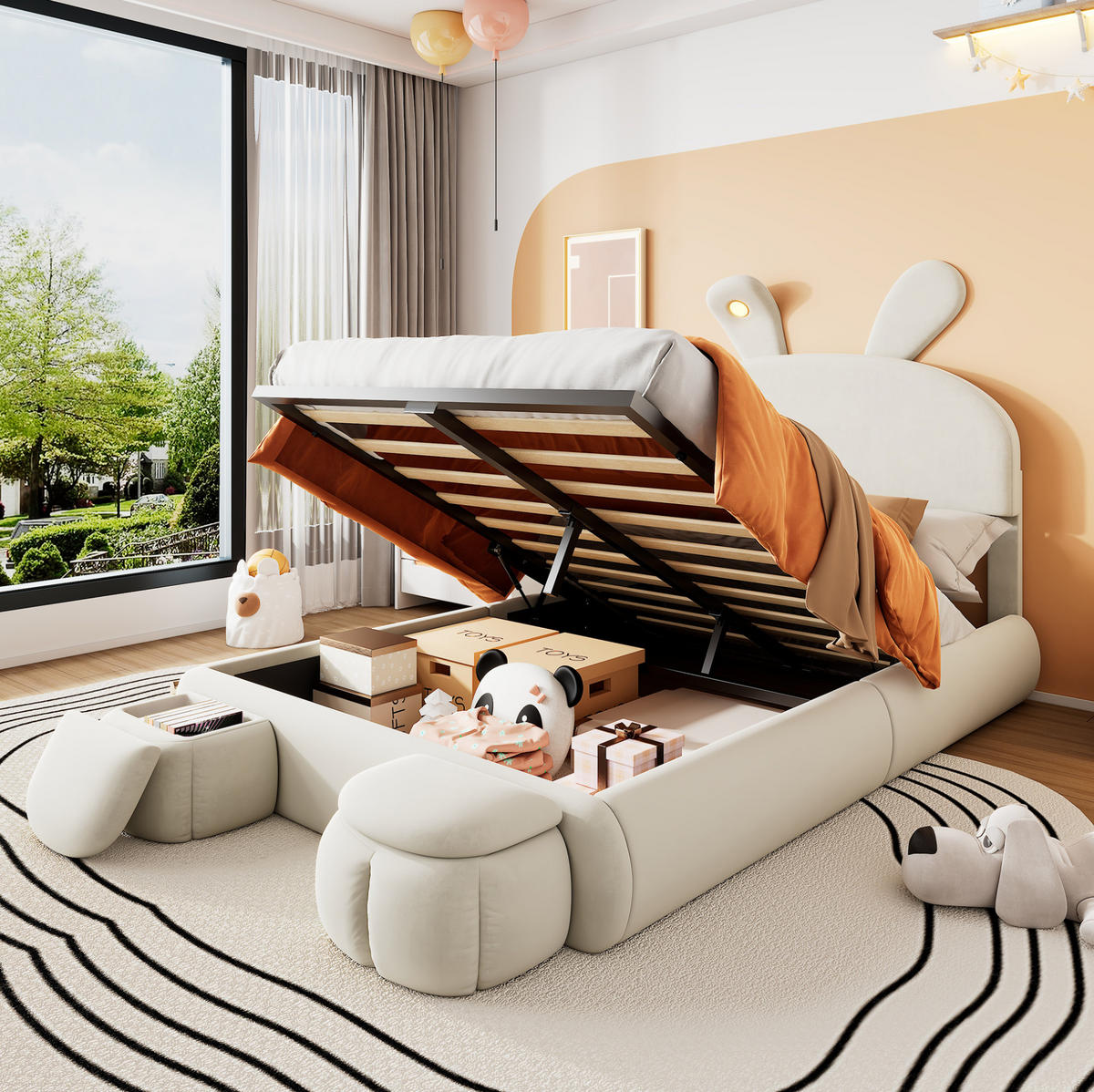 POLSTERBETT 140/200 cm aus Samt mit LED-Hasenohren und Stauraum Beige - Weiß, Textil (140/200cm) - Modenvie