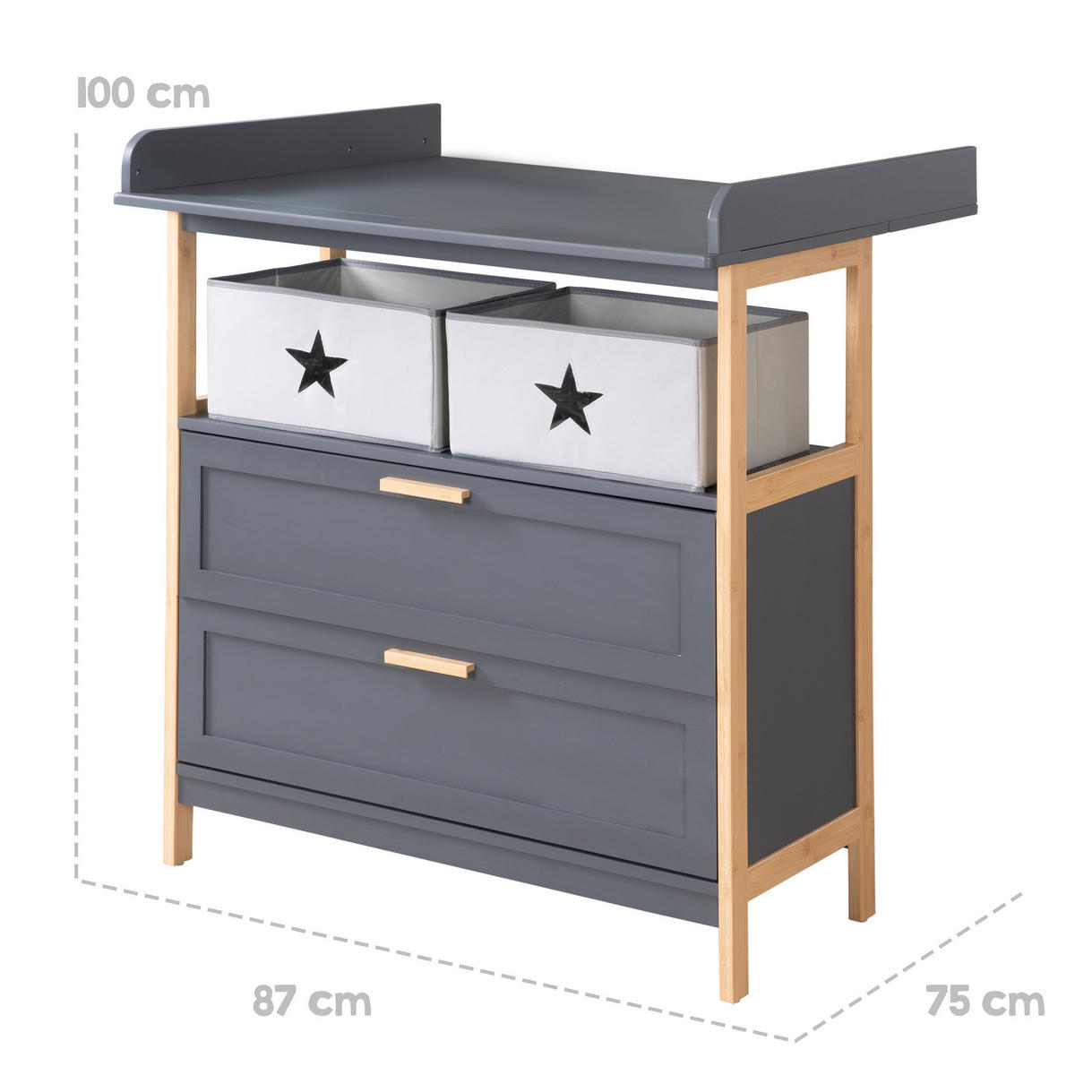 WICKELKOMMODE Berlin inkl. Wickelansatz 2 Schubladen - Anthrazit/Buchefarben, Holzwerkstoff (87/100/75cm) - Roba
