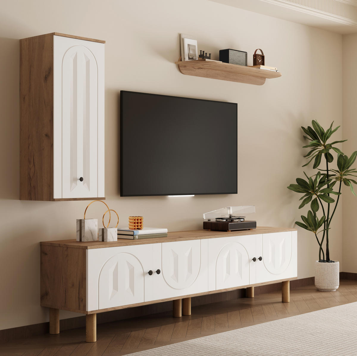 WOHNWAND 3-tlg. mit TV-Lowboard, Highboard und Wandboard Weiß/Naturholz - Weiß, Holzwerkstoff (40/50/170cm) - Beauniv