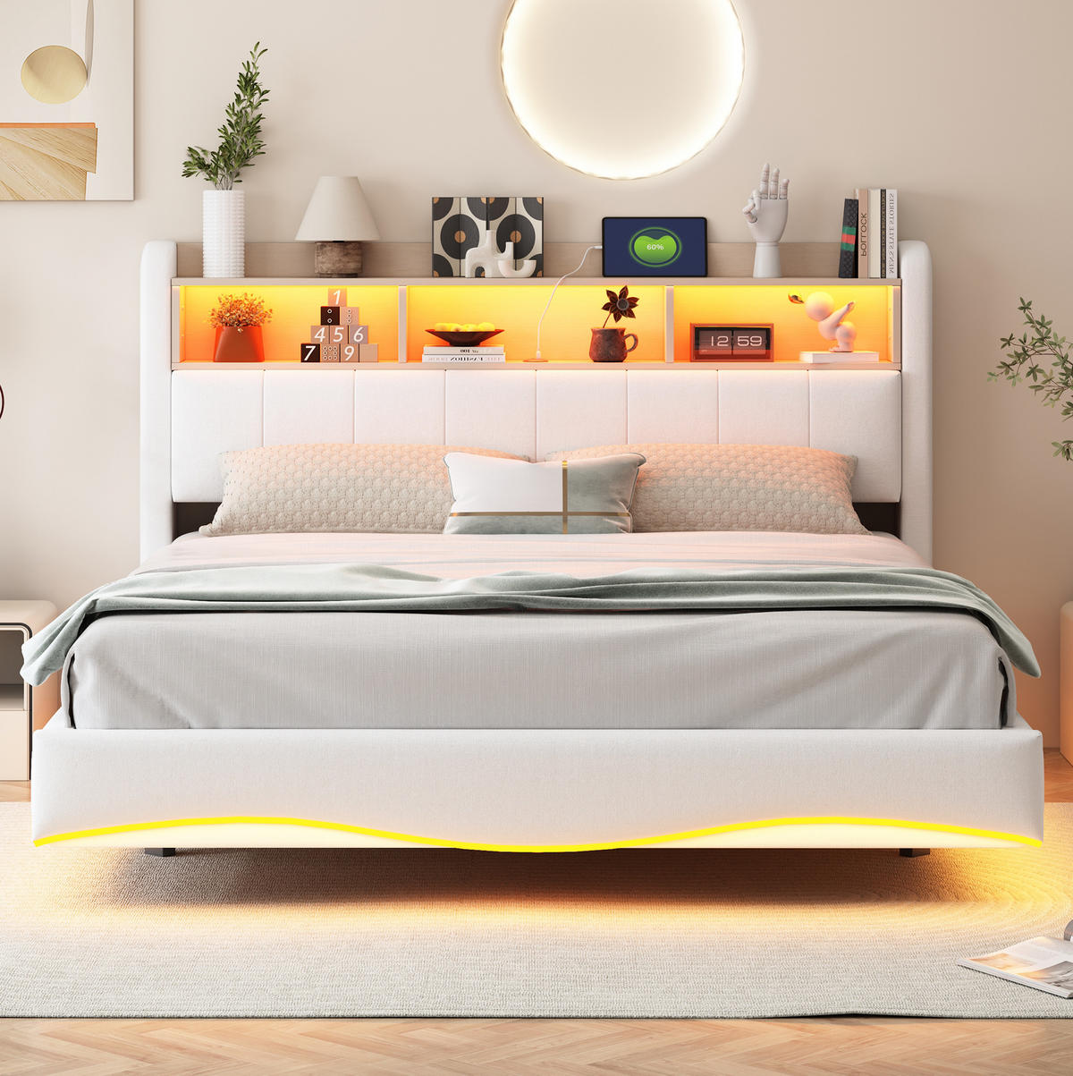POLSTERBETT 160/200 cm Beige mit LED-Beleuchtung und USB- und Type-C-Anschlüssen - Beige, Textil (160/200cm) - Flora Grace