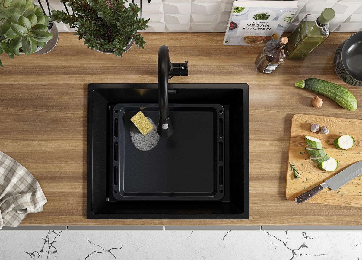 SPÜLBECKEN London Slim, 2-er set Schwarz 56/47 cm 1 Becken + Ablauf-Set ab 60er Unterschrank - Chromfarben/Schwarz, Kunststoff (56/20/47cm) - Primagran