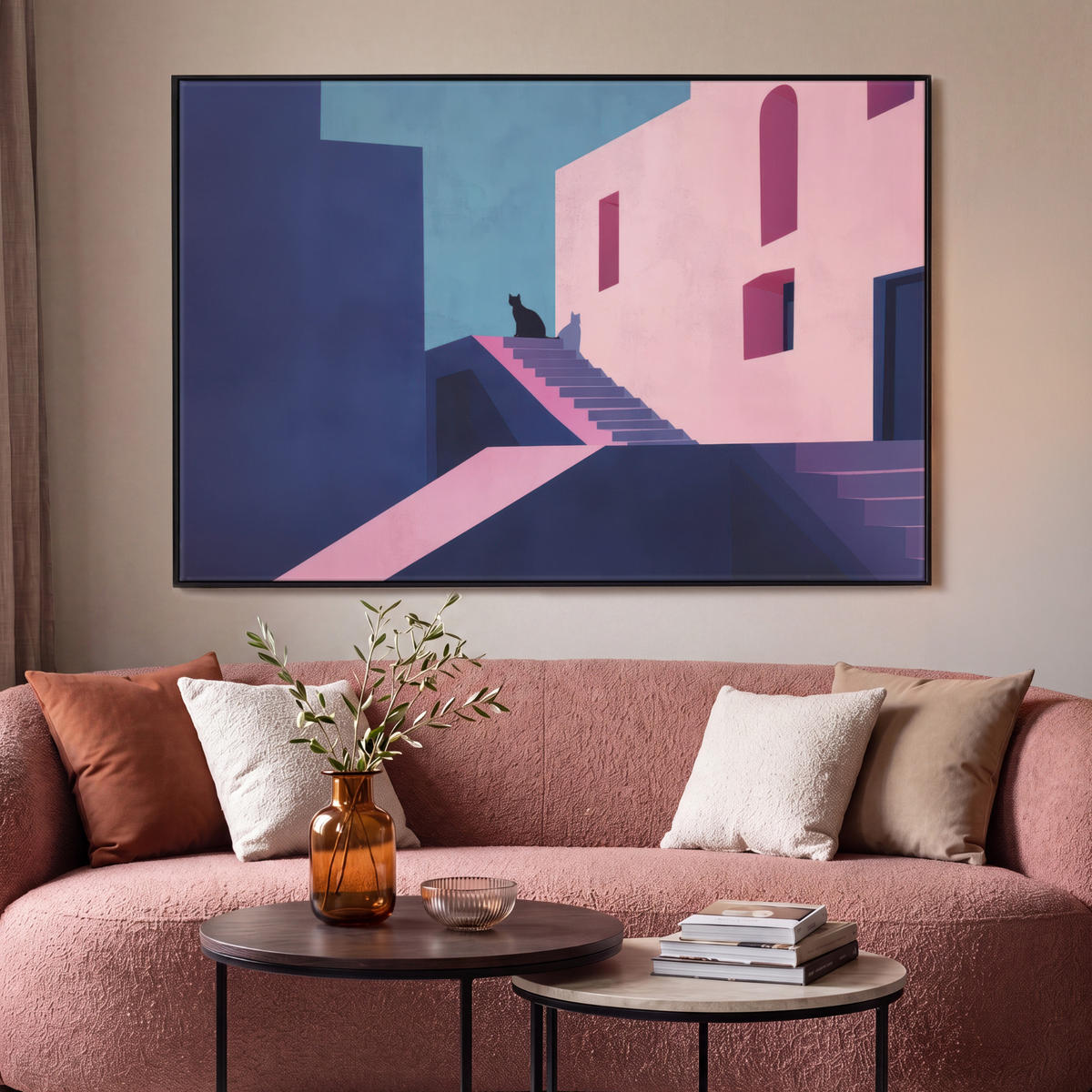 LEINWAND Bilder mit Rahmen - Katze - Treppe - Gebäude - Schattenkontraste - 150x100 - Dunkelblau, Textil (150/100cm) - MuchoWow
