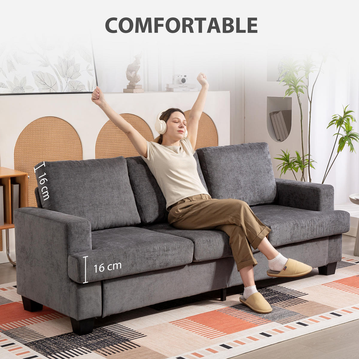 3-SITZER-SOFA DE-06547 Wohnzimmersofa für 3 Personen, Stahlrahmen Grau - Grau, Holz/Textil (82/90/213cm) - ComfortXL