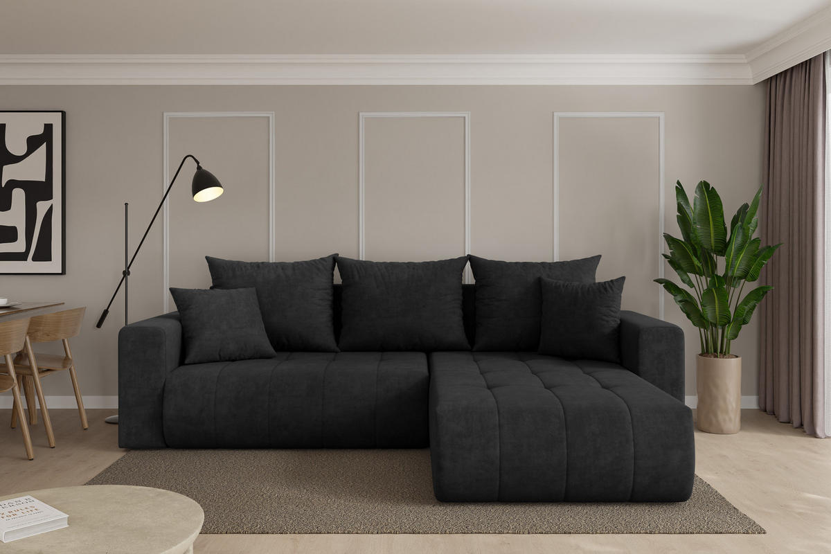 ROHOVÁ SEDAČKA s funkcí spaní, otoman vpravo MILA-L 277x194x86 černá velur - černá, kompozitní dřevo/textil (277/194cm) - ALTDECOR