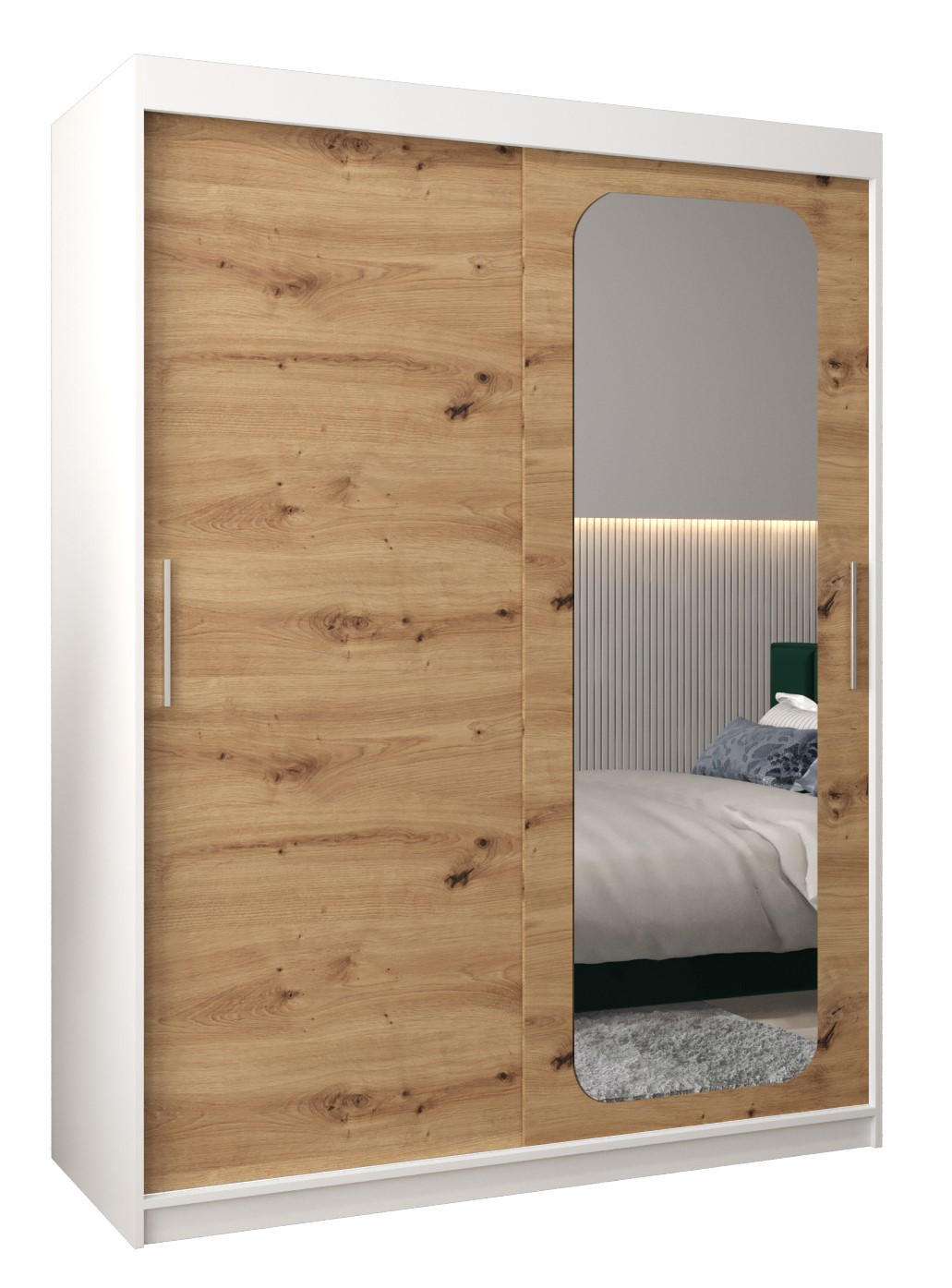 Abiks Möbel Schwebetürenschrank Weiß, Eiche Artisan 150x200x62 cm
