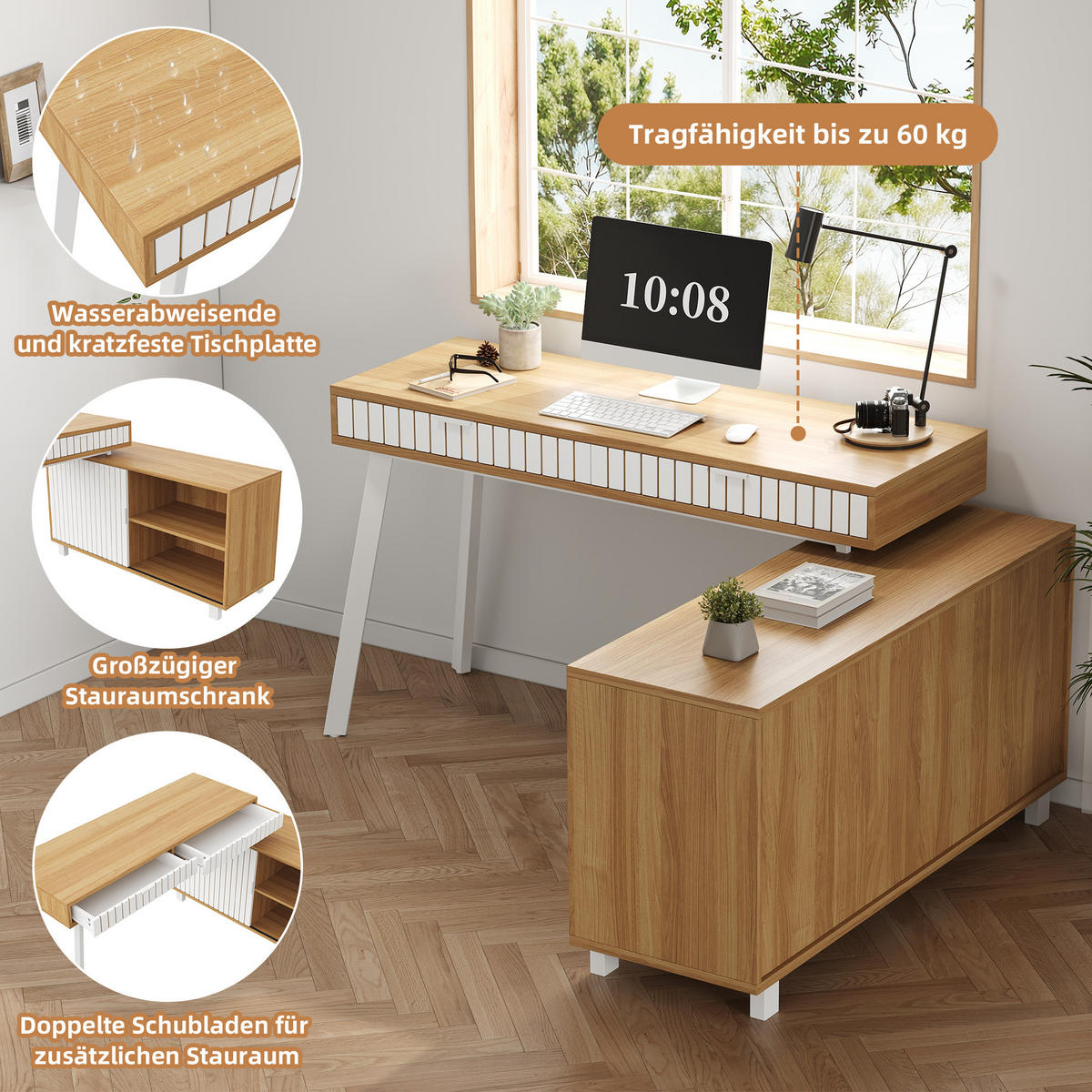 BÜROSCHREIBTISCH in natur & weiß, stahlgestell, rillen-design - Naturfarben, Holzwerkstoff (120/140/76.5cm) - Urban Meuble