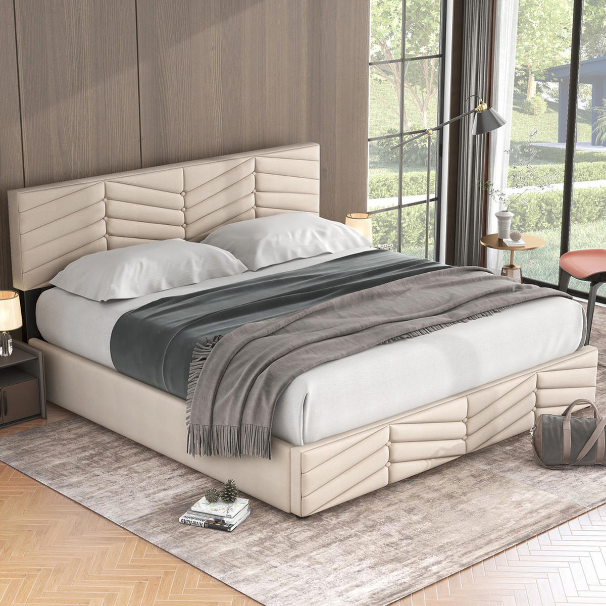 BETT Streifen-Stil Samt 180x200 Beige Hydraulischer Stauraum - Beige, Textil - Raelunyi