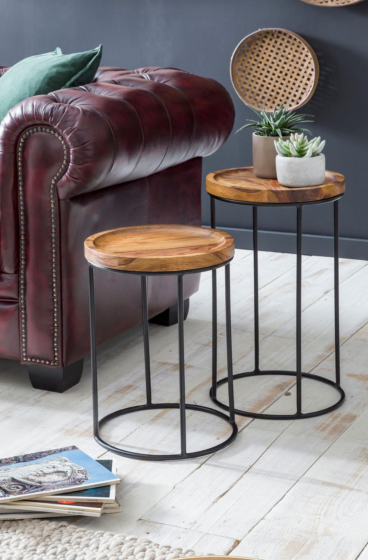 BEISTELLTISCH Set – Massivholz Metall Braun Schwarz 2-teilig Industrial - Schwarz/Braun, Holz/Metall (30/30/54cm) - KADIMA DESIGN