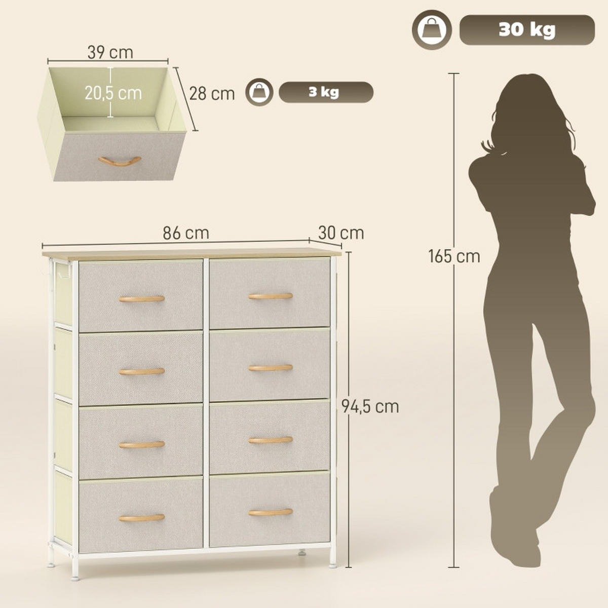 KOMMODE mit verstellbaren Einlegeböden, 86 x 30 x 94,5 cm, Beige, Stahl - Beige, Metall (86/94.5/30cm) - SONNENH