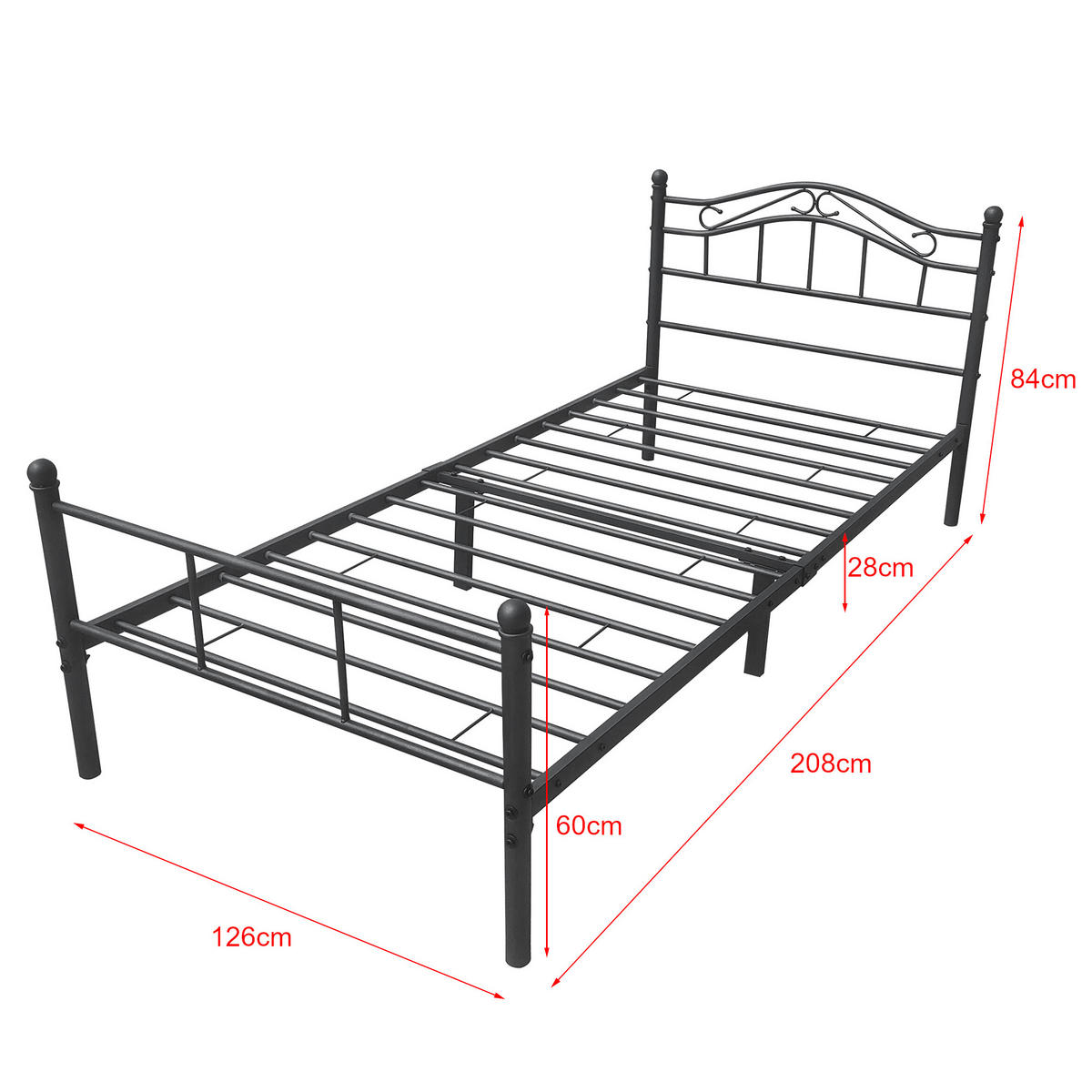 METALLBETT Florenz mit Matratze - Schwarz, Textil/Metall (120/200cm) - [en.casa]