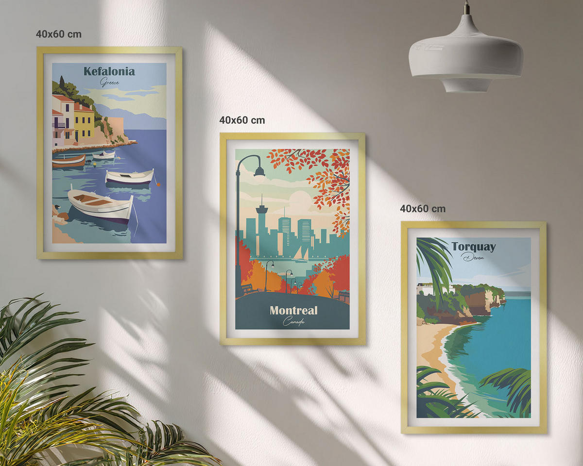 WANDBILDER 3er Set - 40x60 cm Goldrahmen - Stadtansichten aus Griechenland, Kanada und Australien - Goldfarben, Kunststoff (40/60cm) - ArtPrintCave