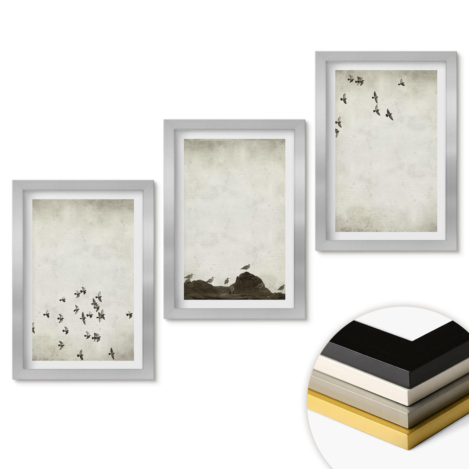 WANDBILDER 3er Set - 20x30 cm Silberner Rahmen - Vögel im Flug, minimalistischer Stil - Silberfarben, Kunststoff (20/30cm) - ArtPrintCave