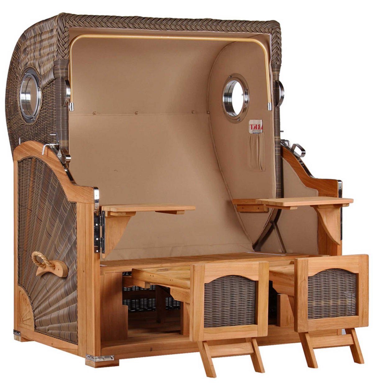 STRANDKORB Düne Grande Bullauge Teak PE Grey Dessin 593 - Blau/Braun, Metall (142/170/95cm) - Mr. Deko