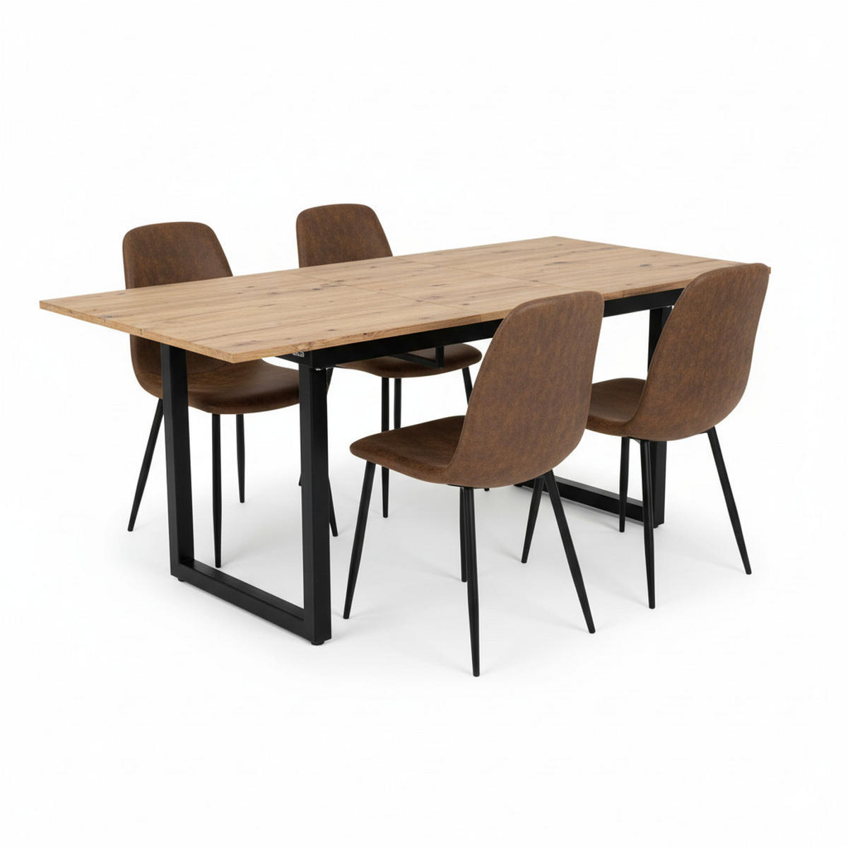 TISCHGRUPPE 5-teilig Ausziehtisch 140–180 cm U-Gestell & 4 Polsterstühle Vintage-Braun - Schwarz/Eiche San Remo, Holzwerkstoff/Textil (180/75/80cm) - Urban Meuble