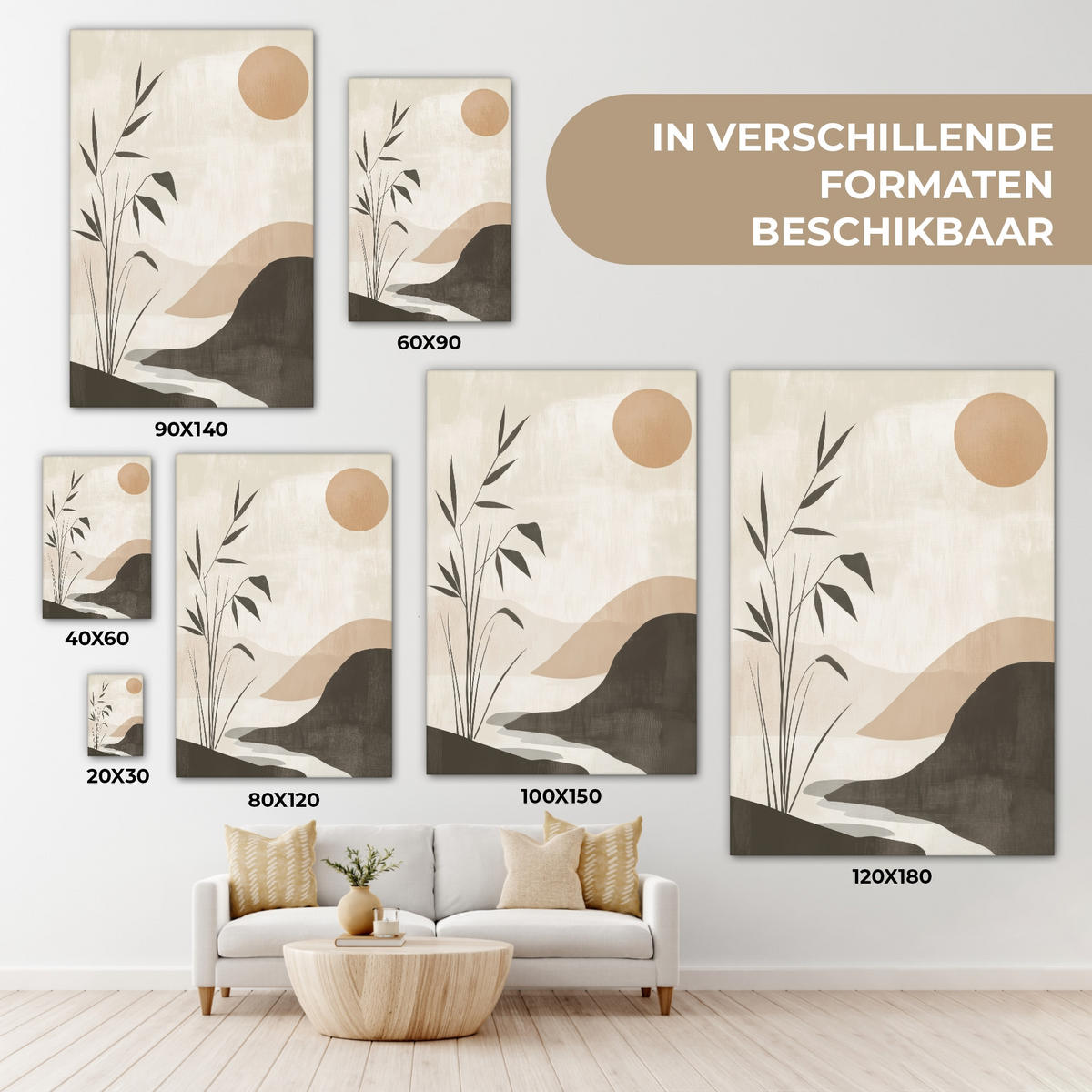 LEINWANDBILD Japandi - Landschaft - Beige Deko XXL 80x120 cm - Cognac, Textil (80/120cm) - MuchoWow