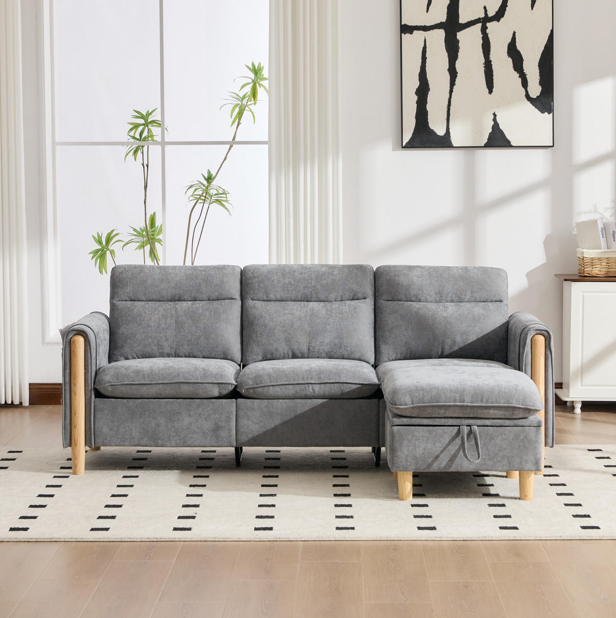 SOFA 201/77/86 cm in Hellgrau mit Hocker, Stauraum und Seitentaschen - Hellgrau, Textil (77/86/201cm) - Flora Grace