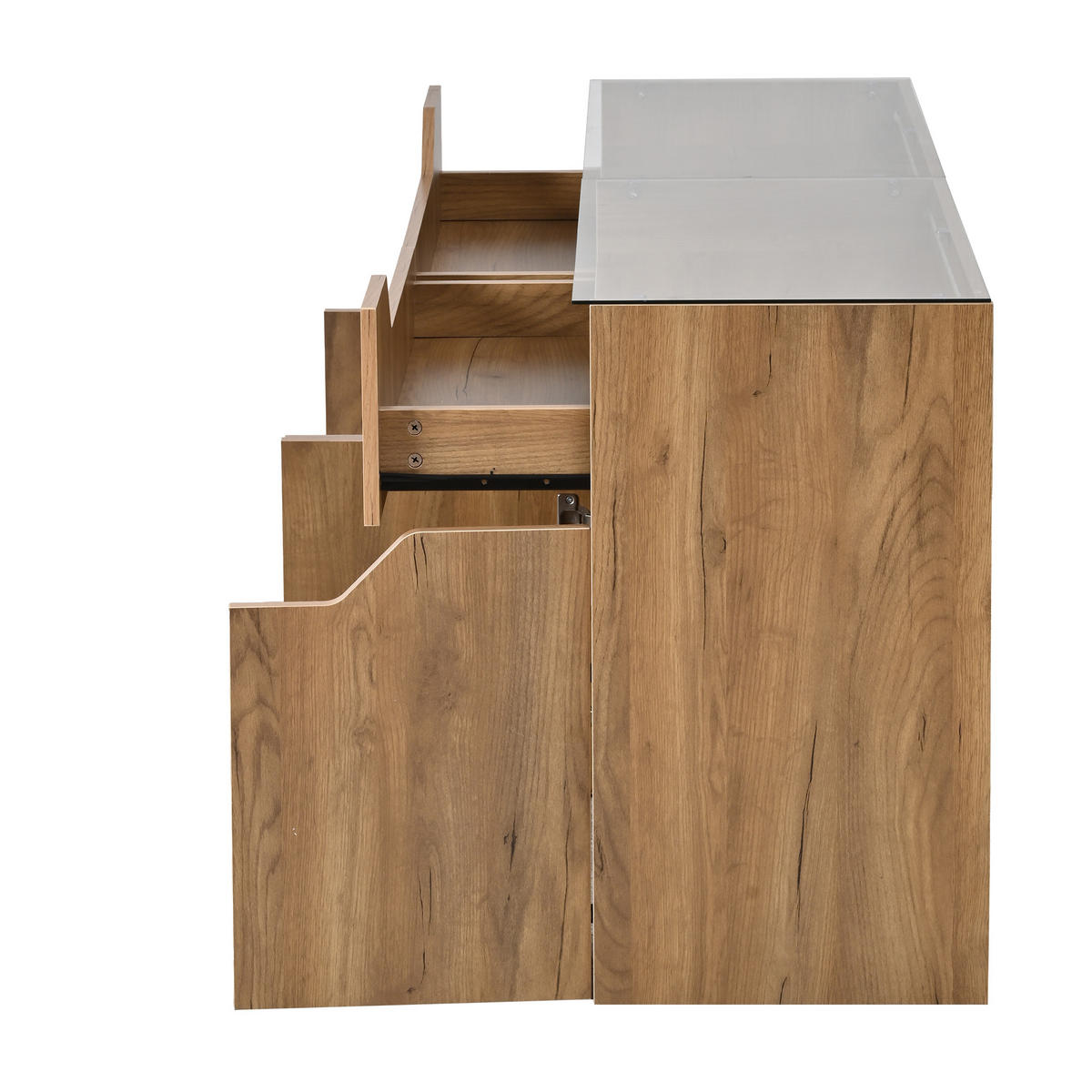 SIDEBOARD in Holzoptik Aufbewahrungsschrank mit 2 Schubladen und gehärteter Glasplatte, 140/40/70cm,für Esszimmer & Wohnzimmer - Naturfarben, Glas/Holzwerkstoff (140/70/40cm) - STILVORA