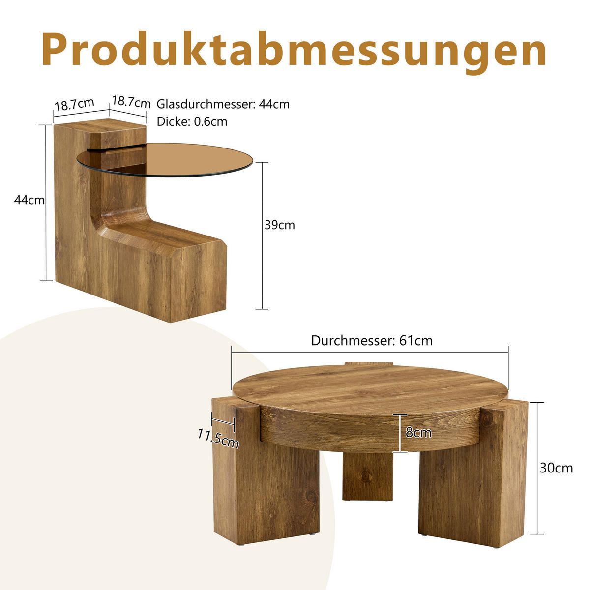 COUCHTISCH in Naturfarbe 2er-Set Couchtisch-Kombination mit Glasplatte für Wohnzimmer, B44/T62/H44 cm, Ø61/H30 cm - Naturfarben, Glas/Holzwerkstoff (61/61/30cm) - STILVORA