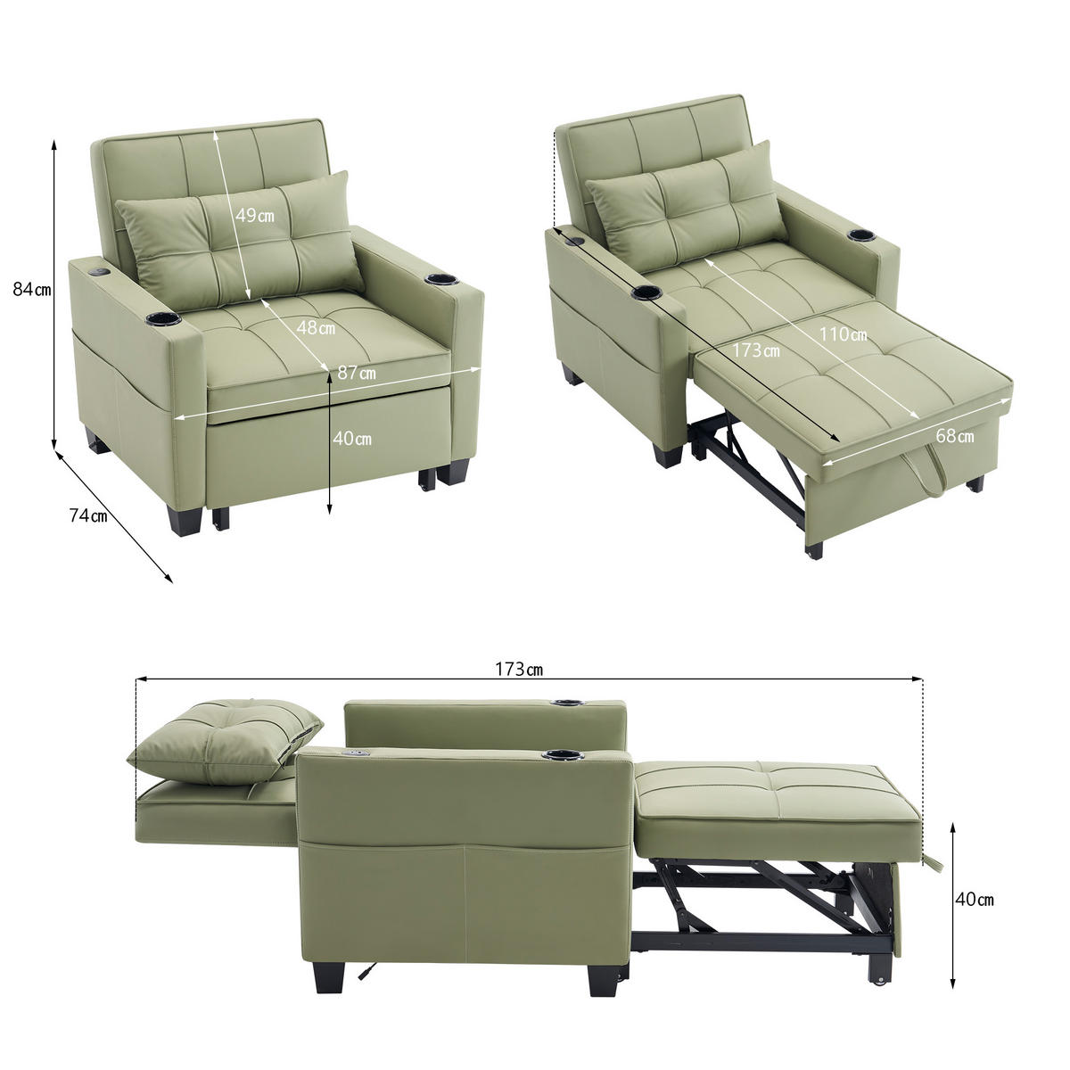 SCHLAFSESSEL DE-35007 3-in-1 mit USB und Getränkehaltern Grün - Grün, Metall (87/84/74cm) - ComfortXL