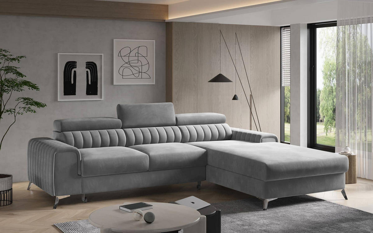 ECKSOFA mit Schlaffunktion und Bettkasten - Chromfarben/Dunkelgrau, Textil/Metall (205/278cm) - Eltap