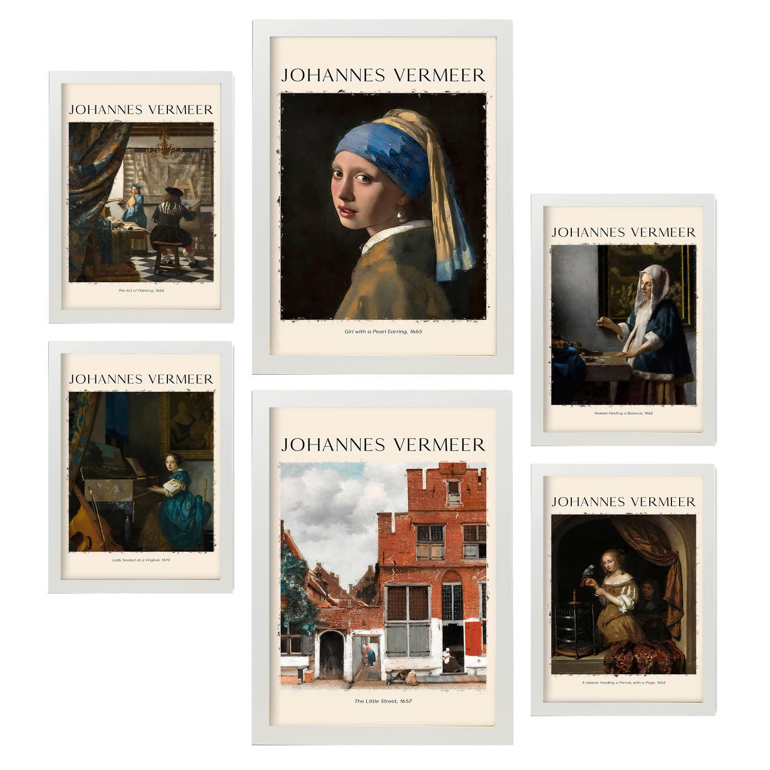 POSTER Set Mit 6 Johannes Vermeer Sammlung A3 & A4 Weißer Rahmen - Weiß, Papier (29/3cm) - Nacnic