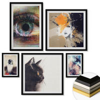 WANDBILDER 5er-Set - 50x50 cm & 20x30 cm & 40x60 cm Schwarzer Rahmen - Gelbgrau-braune Wellen - Schwarz, Kunststoff (40/60cm) - ArtPrintCave