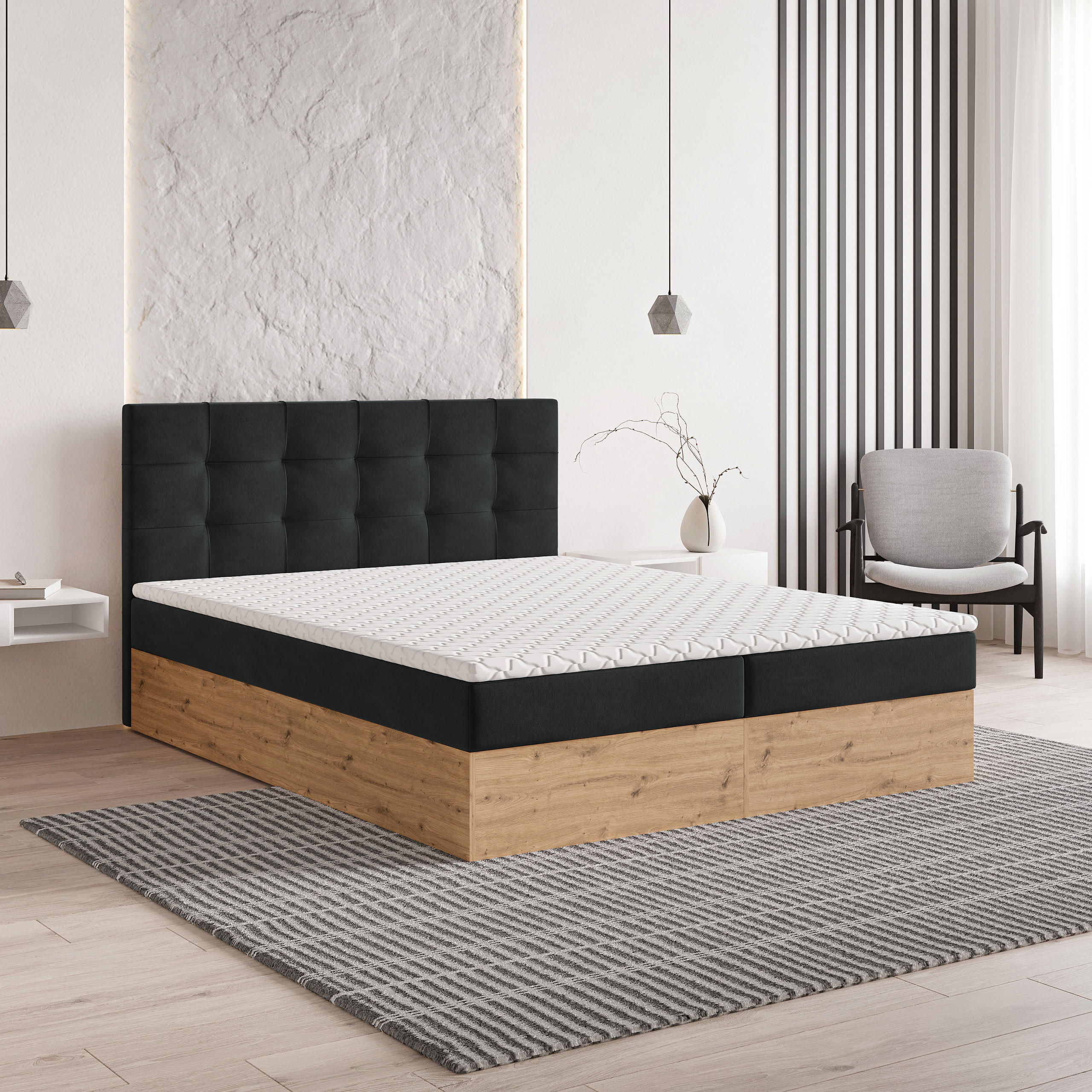 BOXBETT MOLVEN 180x200 cm mit Matratze und Topper - Schwarz - Schwarz, Holz (180/200cm) - MASSENO