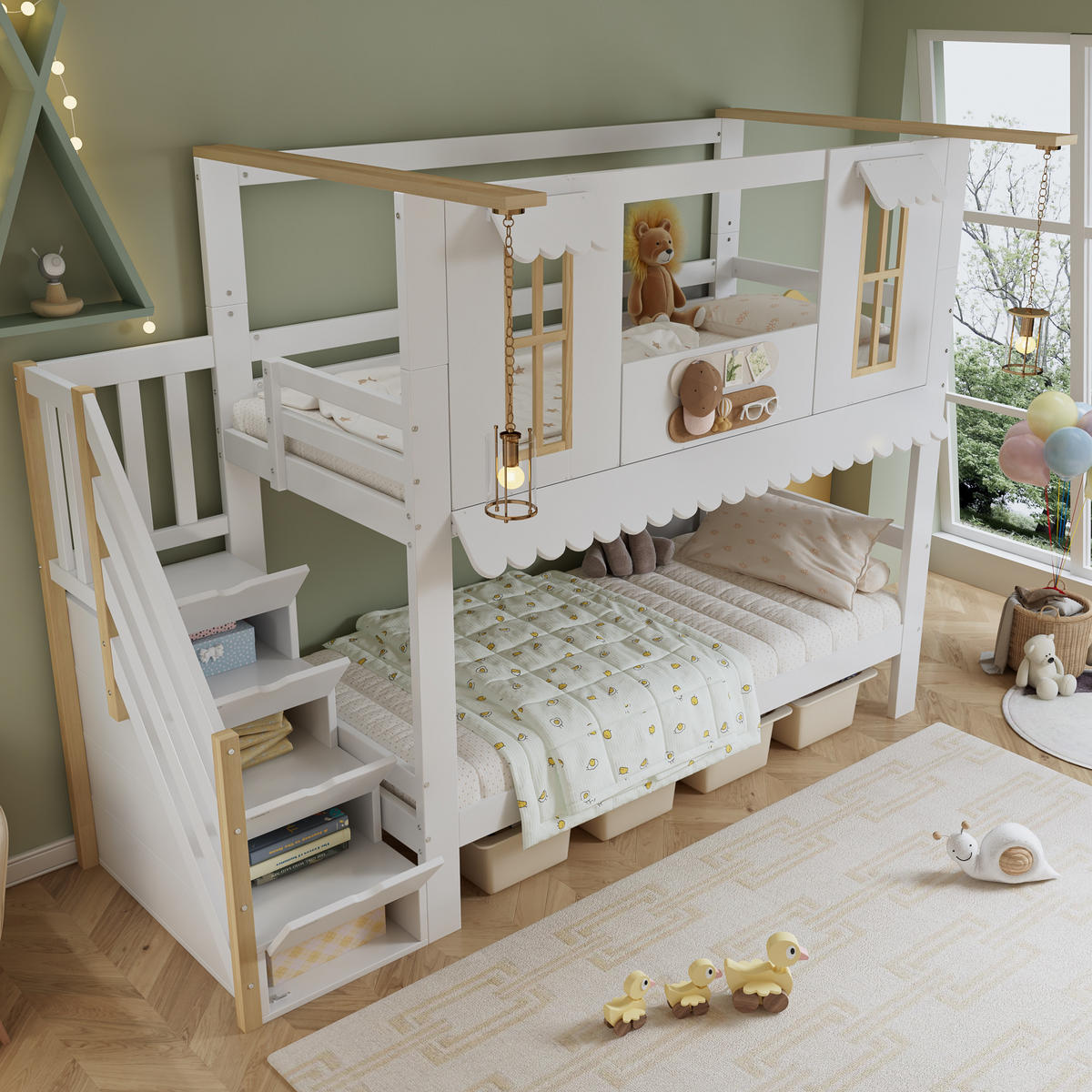 ETAGENBETT 90x200 cm Treppe Fenster weiß - Weiß, Holz (90/200cm) - LEBENLANG