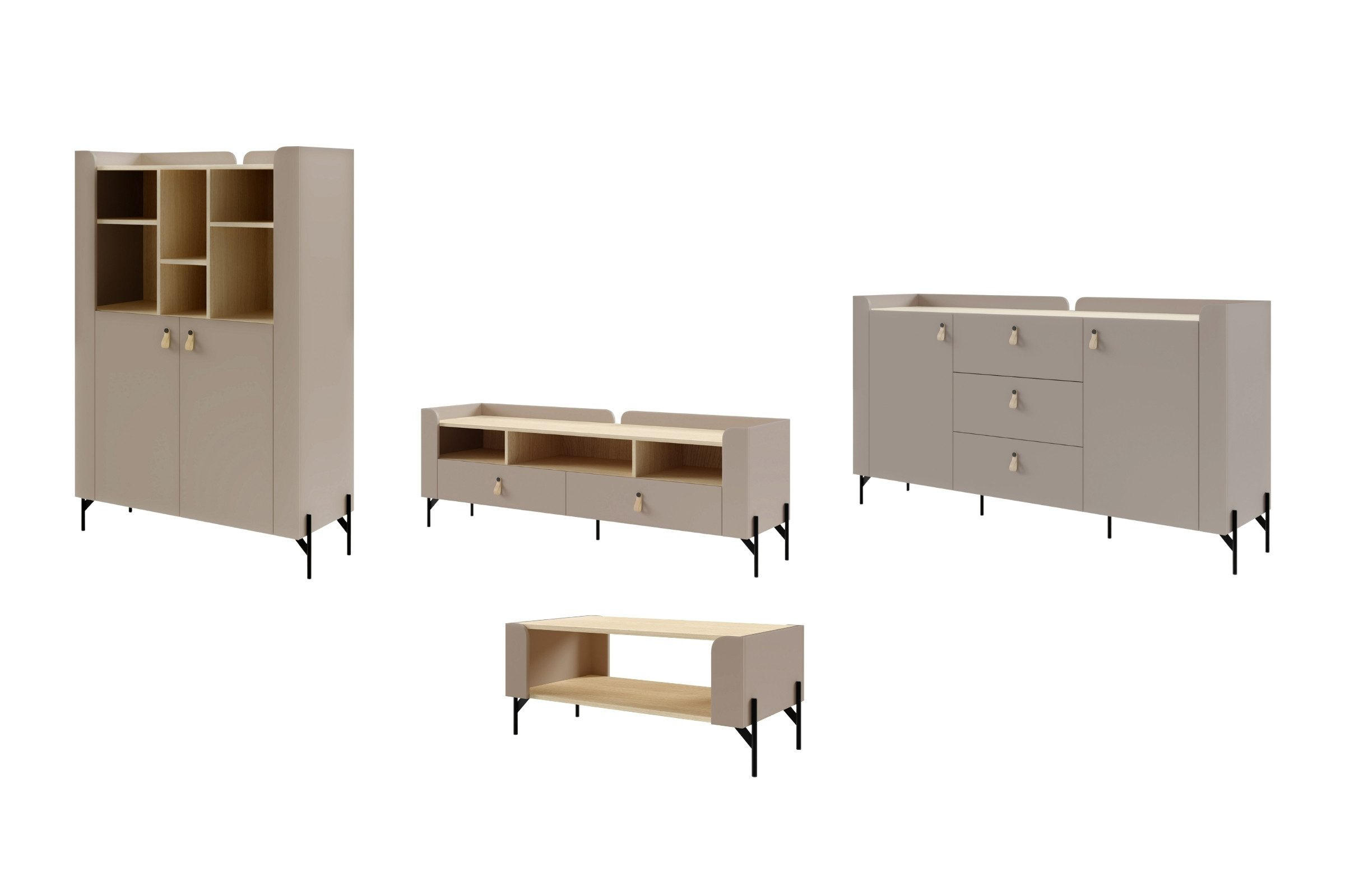 WOHNWAND SOVI A PLUS 4-teilig in Porcini / Eiche Mavelie mit Couchtisch - Greige/Eichefarben, Holzwerkstoff (440/151/82cm) - Deine Möbel 24