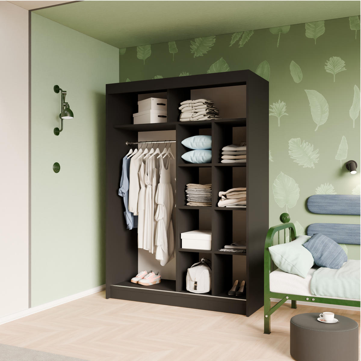 SCHIEBETÜRENSCHRANK ELIS - Schwarz/Grau, Holzwerkstoff (150/215/61cm) - Meblini