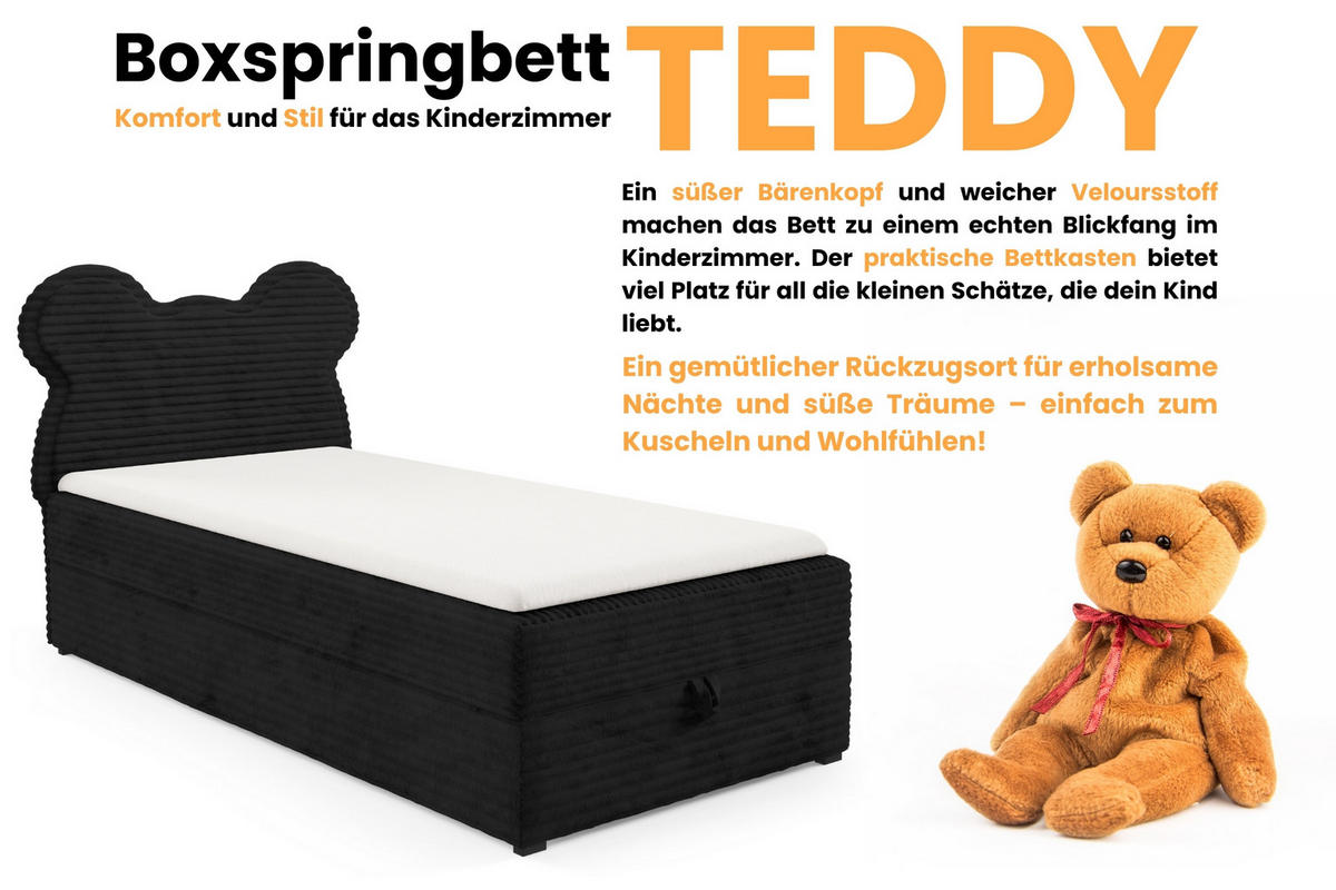 BOXBETT TEDDY 90/200 Cord-Samt Schwarz H4 - Schwarz, Holz/Holzwerkstoff (90/200cm) - Deine Möbel 24