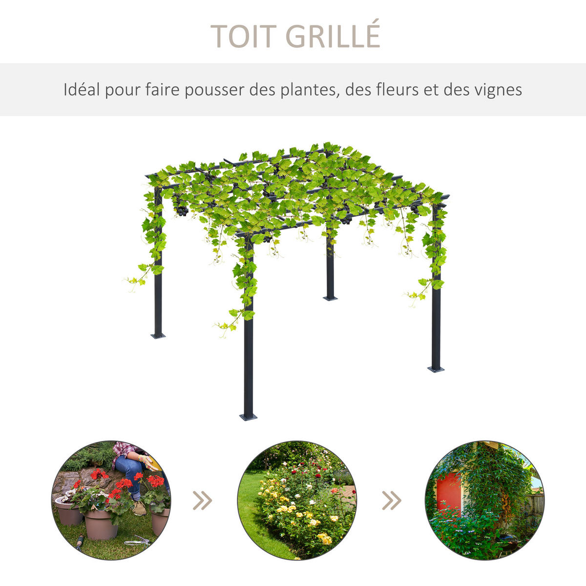 PERGOLA DE-12573 3x3 m mit dekorierbarem Dach Schwarz - Schwarz, Metall (295/230/297cm) - ComfortXL