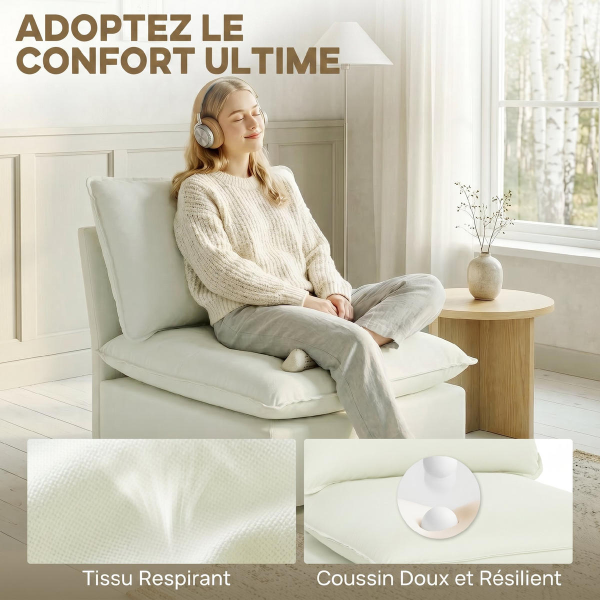 SESSEL DE-13498 1-Sitzer ohne Armlehnen, große Sitzfläche Creme - Creme, Textil (85/78/74cm) - ComfortXL