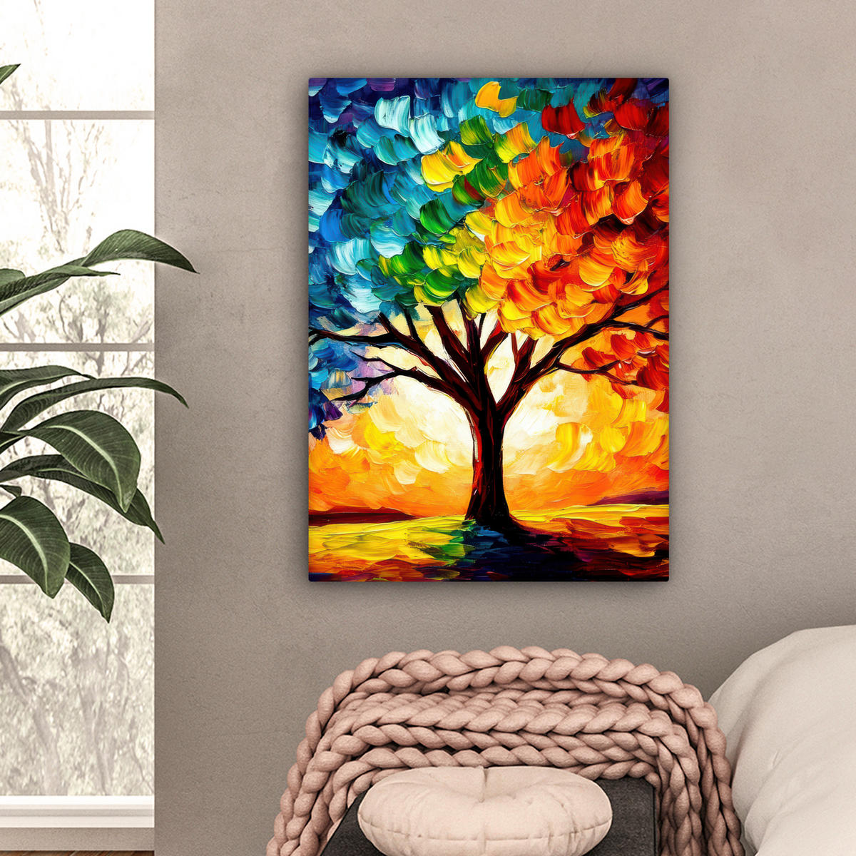 LEINWANDBILD - Baum - Kunst - Natur - Sonnenuntergang - 60x80 - Gemälde - Multicolor, Textil (60/80cm) - MuchoWow